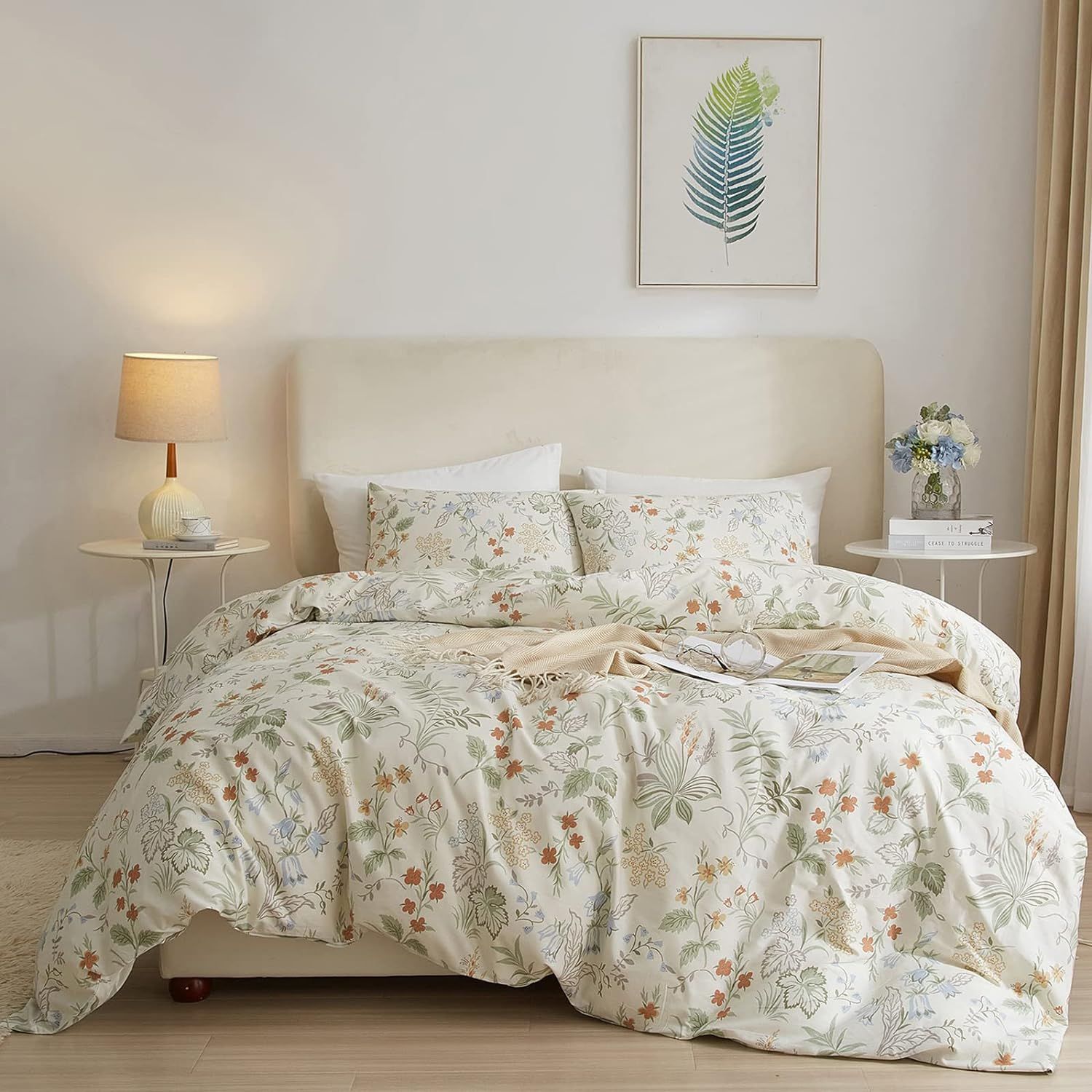 King White Cotton Botanical Floral Duvet Cover Set