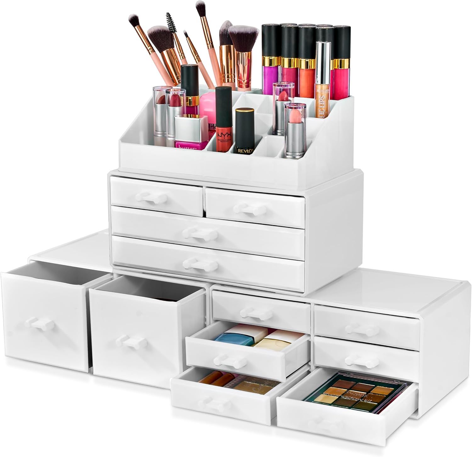 White Acrylic Stackable Makeup Organizer with 12 Drawers