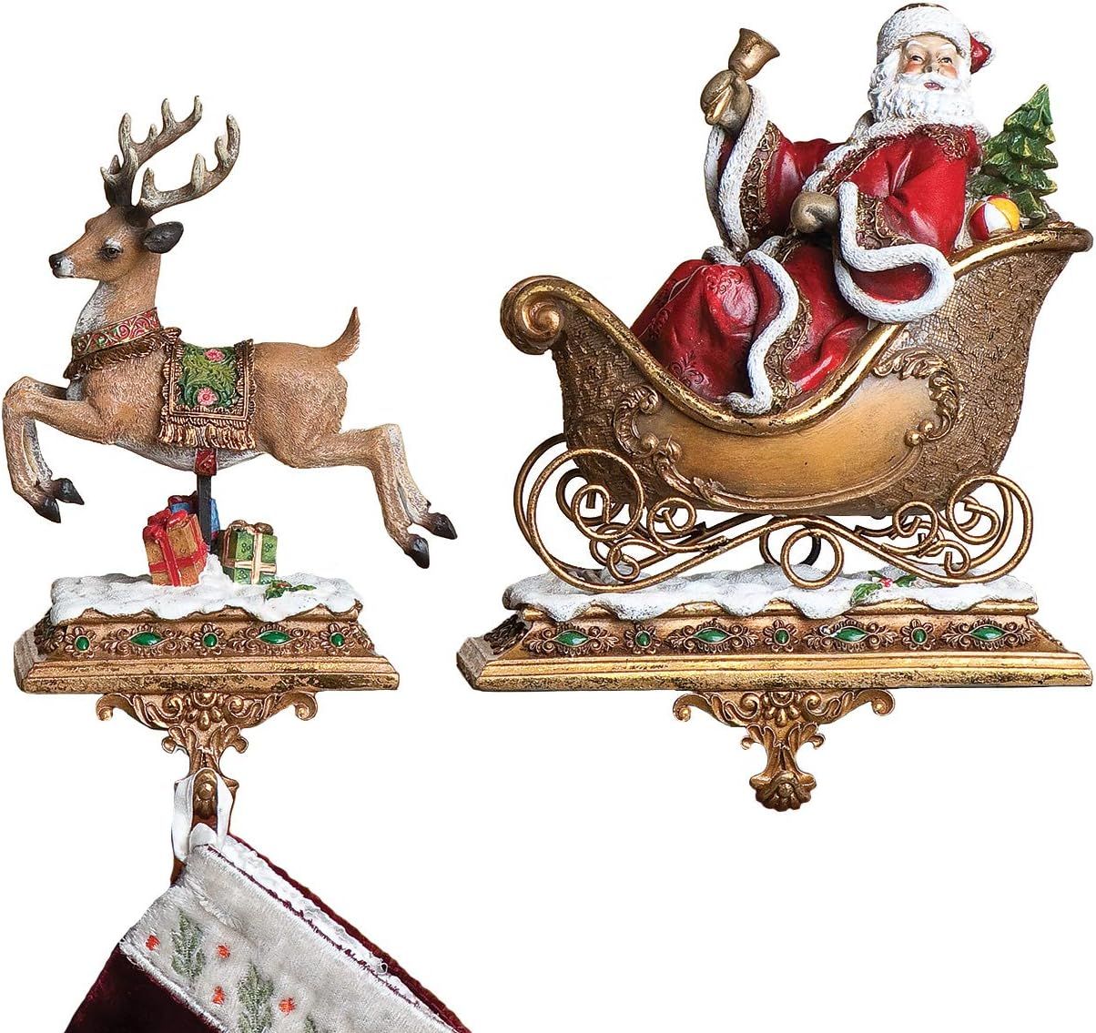 Victorian Santa and Reindeer Resin Stocking Holders, 9.25"