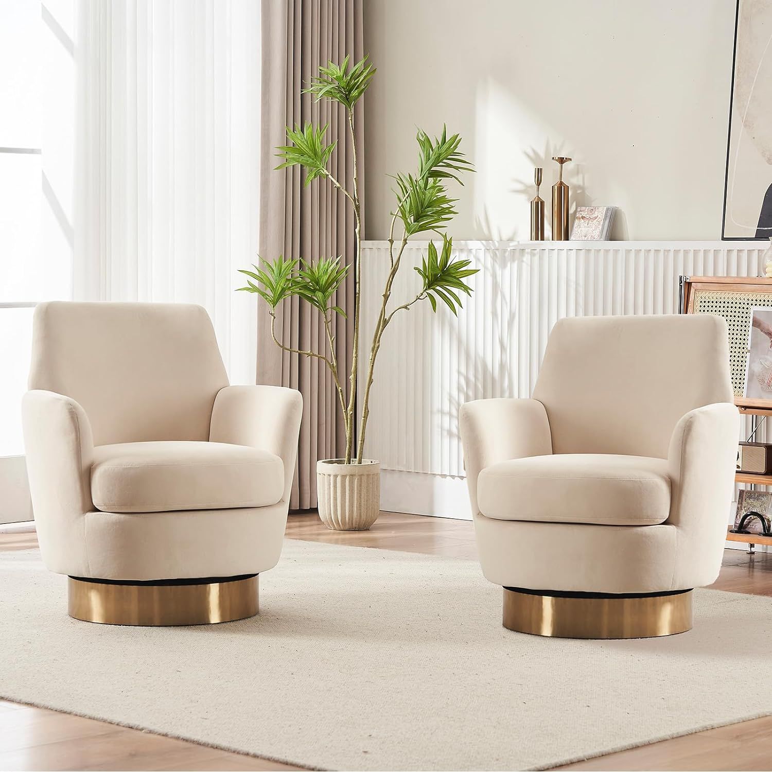 Beige Velvet Swivel Barrel Chairs with Gold Base, Set of 2