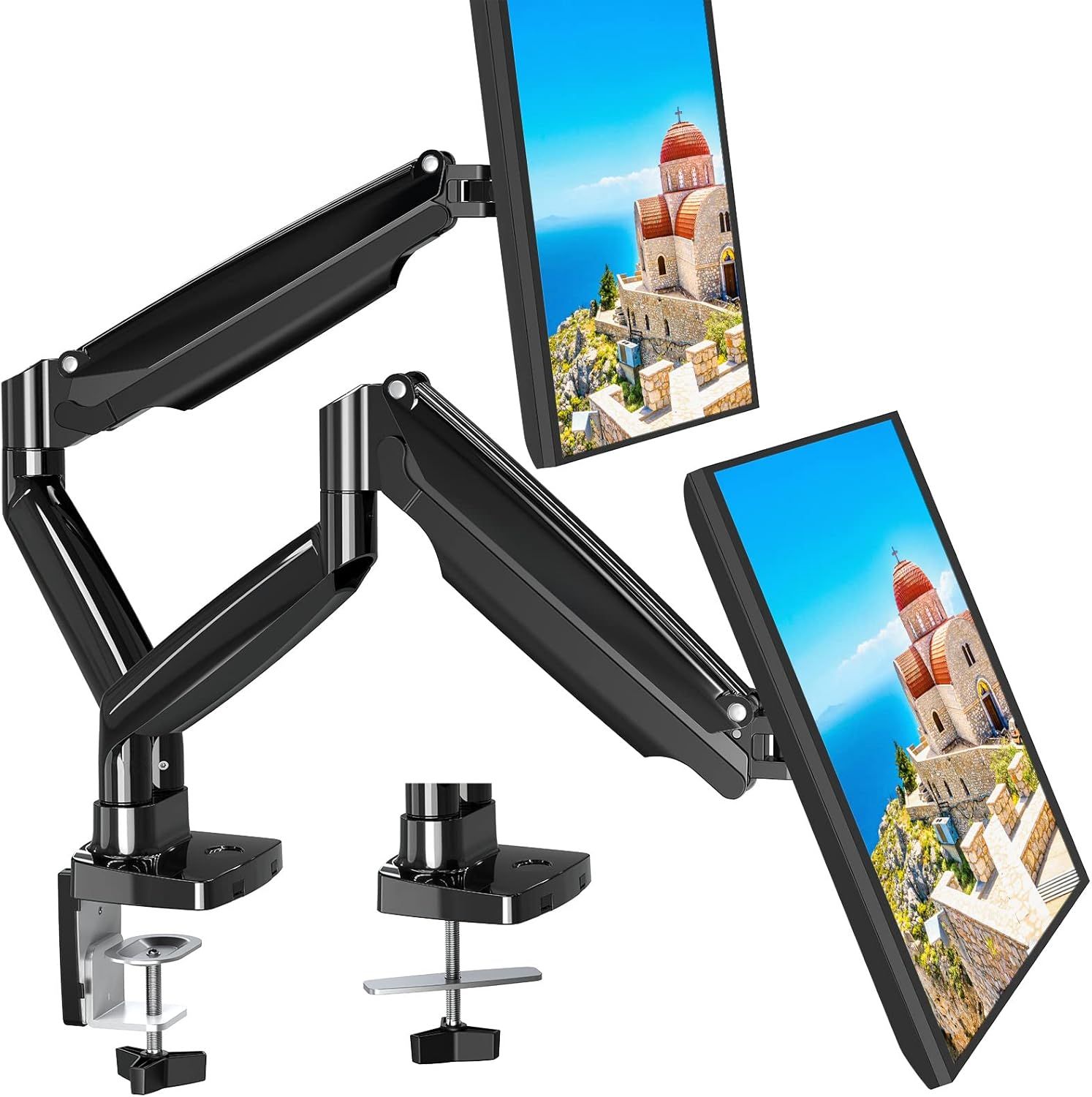 Black Dual Monitor Desk Mount with Gas Spring Arms and Riser