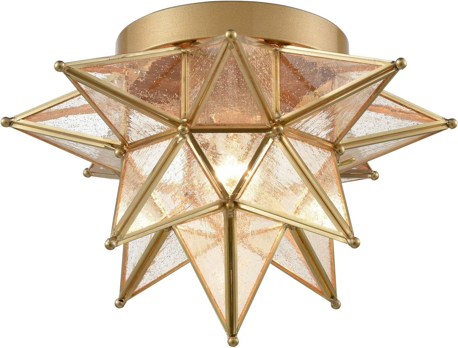 Bohemian Brass Moravian Star Seeded Glass Ceiling Light