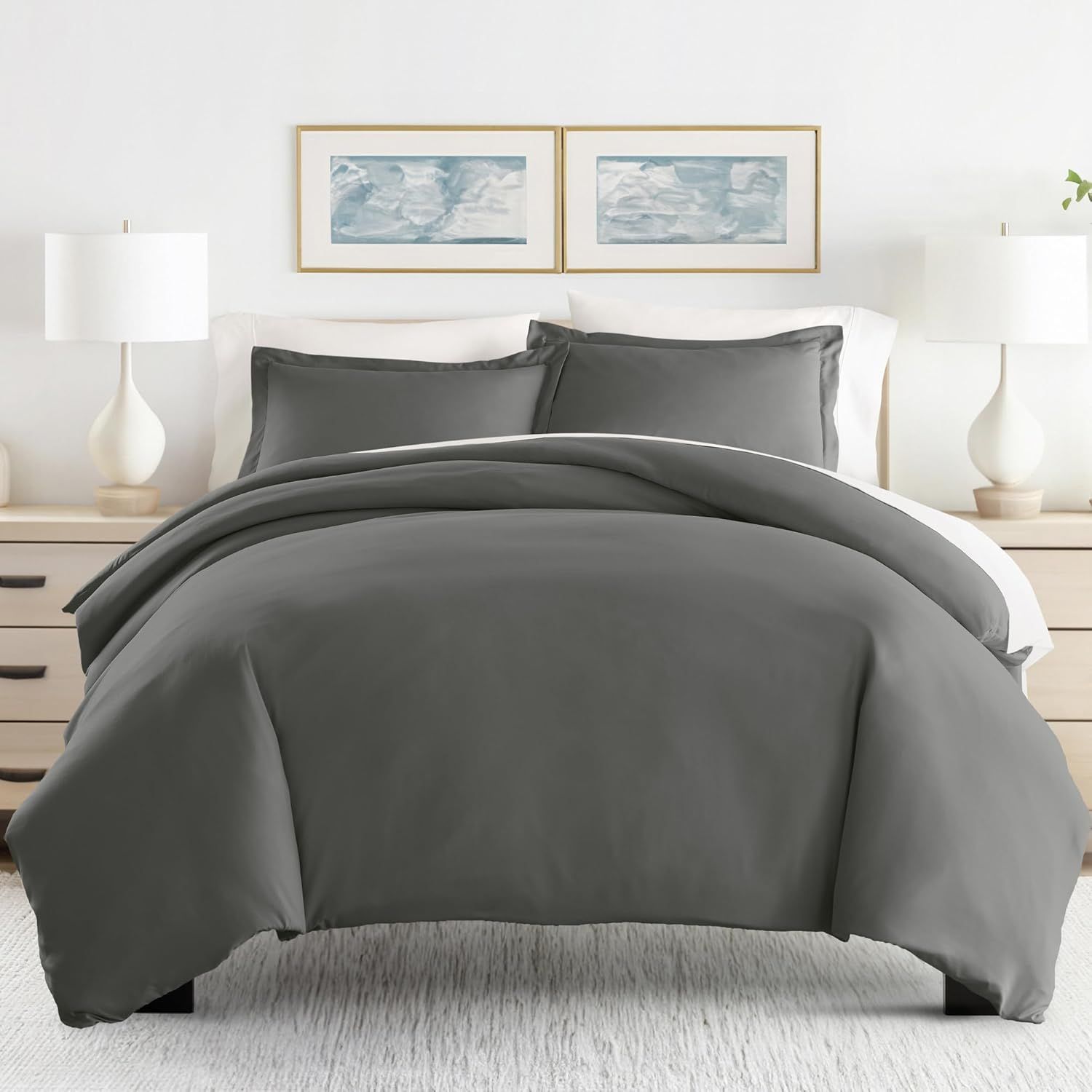 Gray King Size Microfiber Duvet Cover Set with Pillow Shams