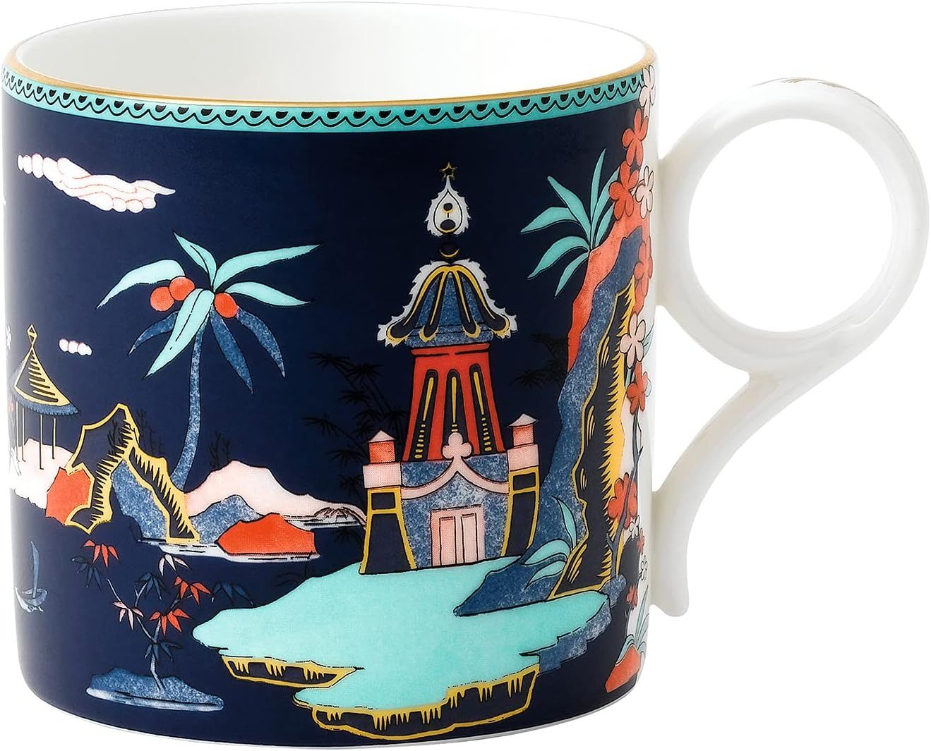 Blue Ceramic Floral Pagoda Print Coffee Mug