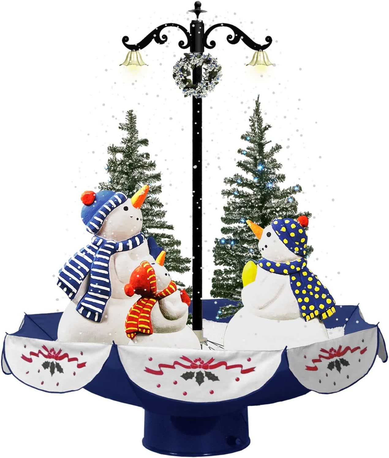 29-Inch Musical Snowman Family Scene with Blue Umbrella Base and Lights