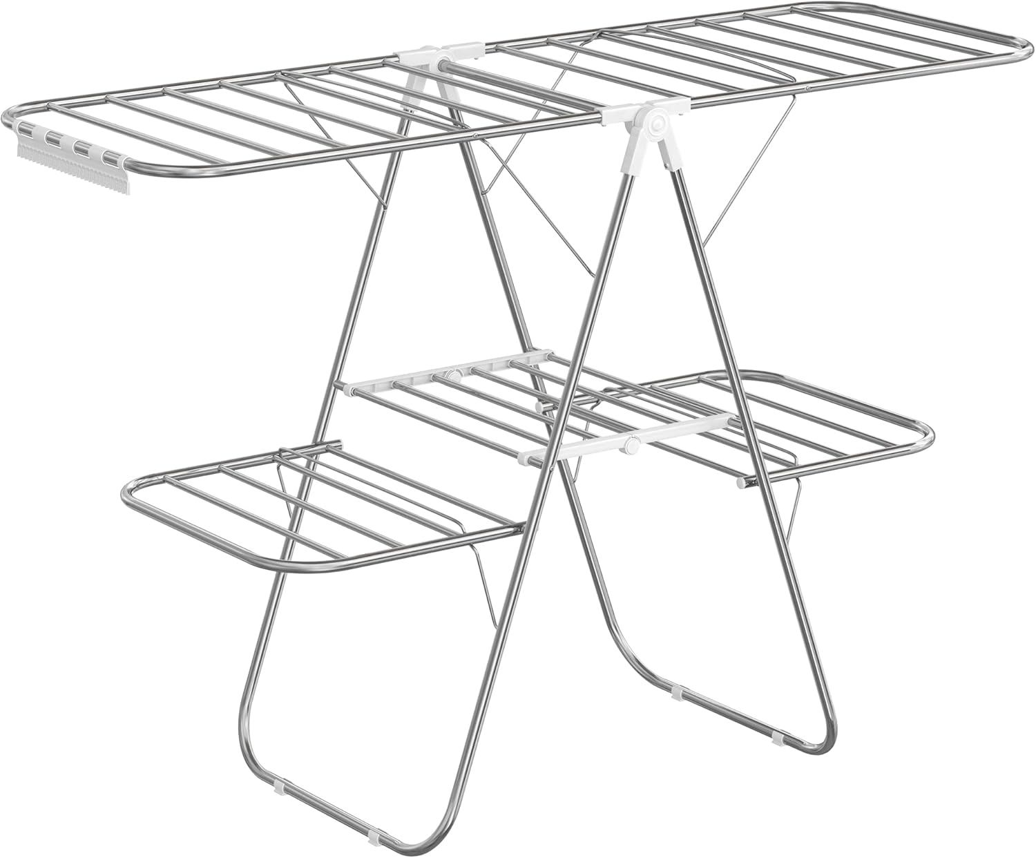 Foldable White and Silver 2-Level Clothes Drying Rack