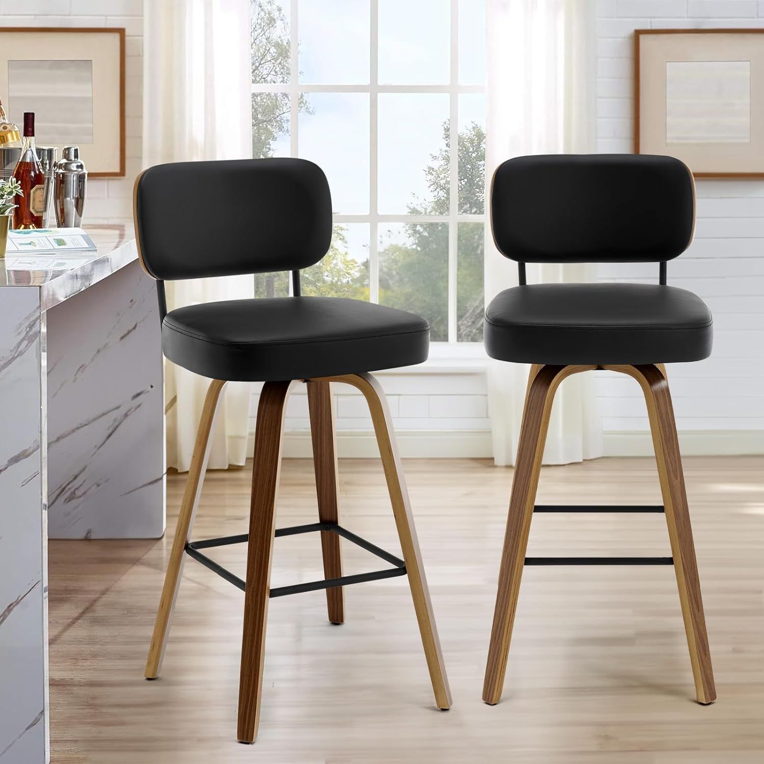 Black Faux Leather Swivel Bar Stools with Walnut Bentwood Legs, Set of 2