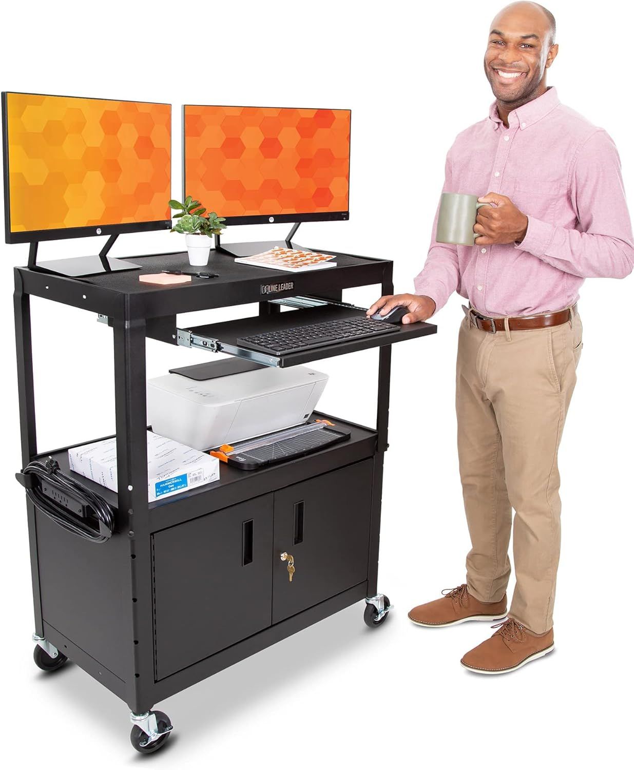 Black Adjustable Height AV Cart with Locking Cabinet and Keyboard Tray