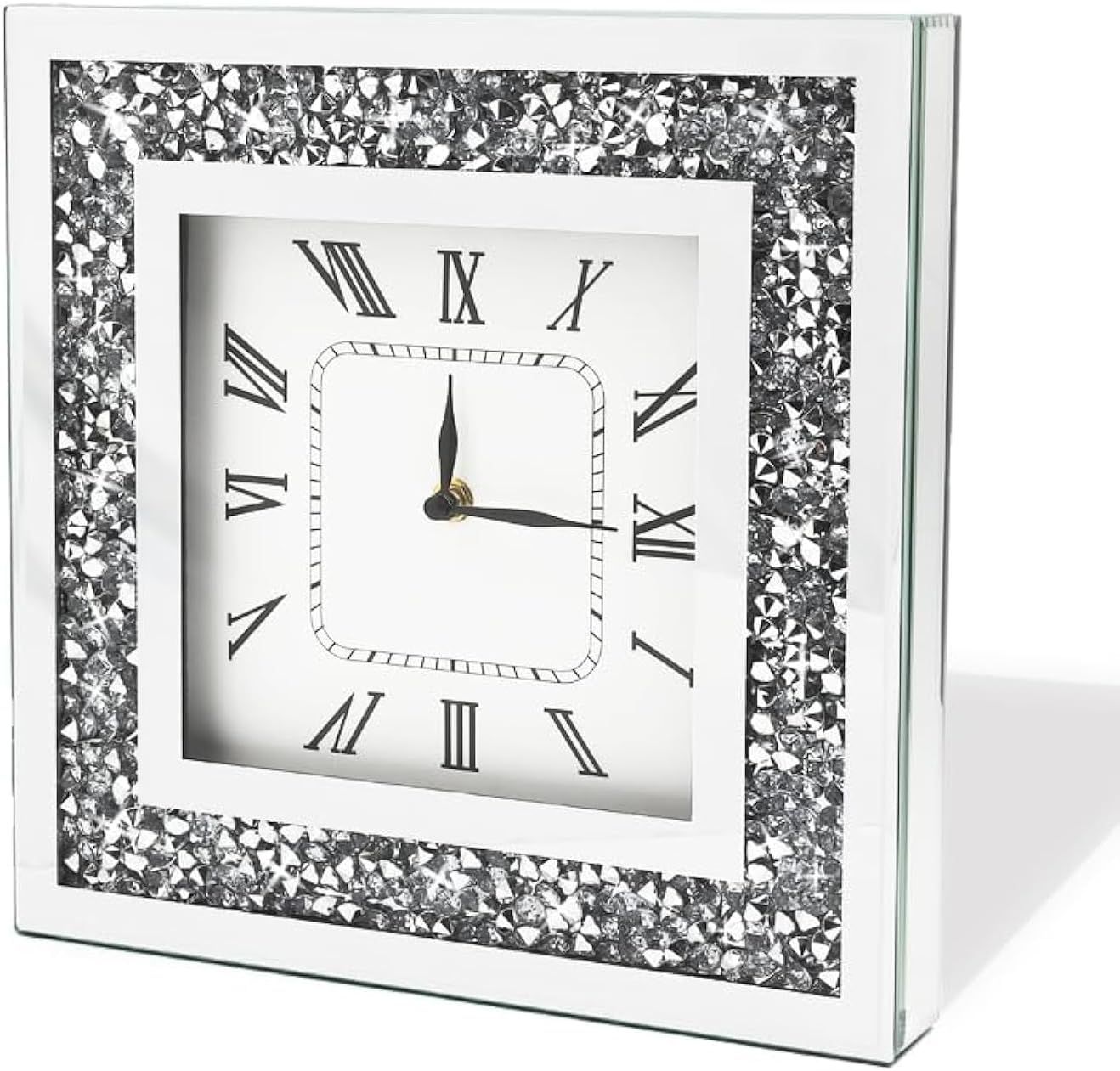 Silver Glass Mirrored Square Wall Clock with Crushed Diamonds