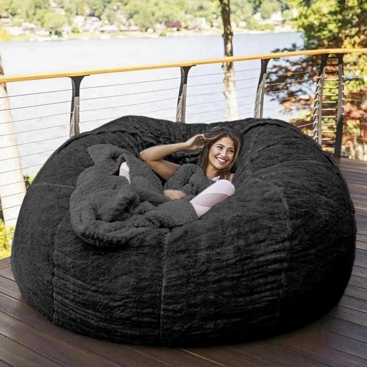 Giant Black Polyester Bean Bag Chair with Removable Cover