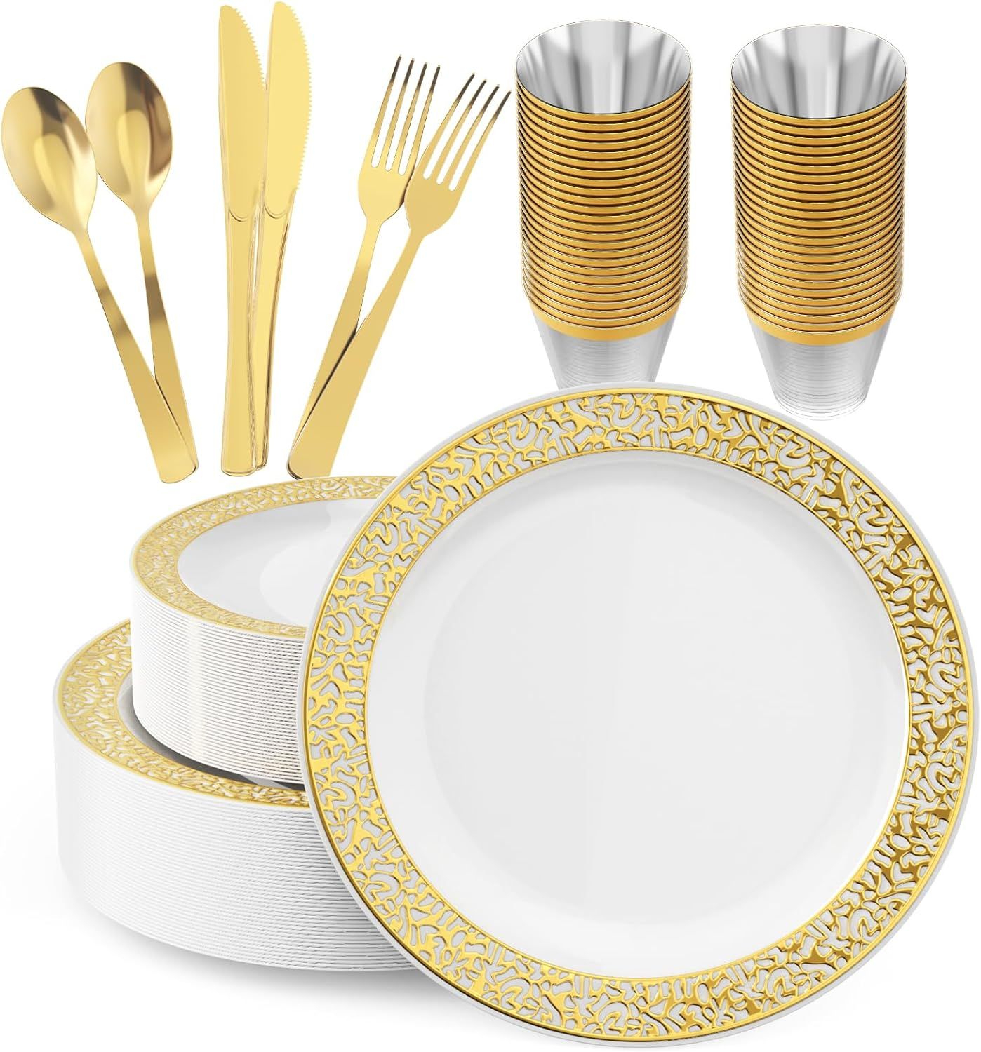 Elegant Gold Lace Disposable Plastic Dinnerware Set, 150 Count