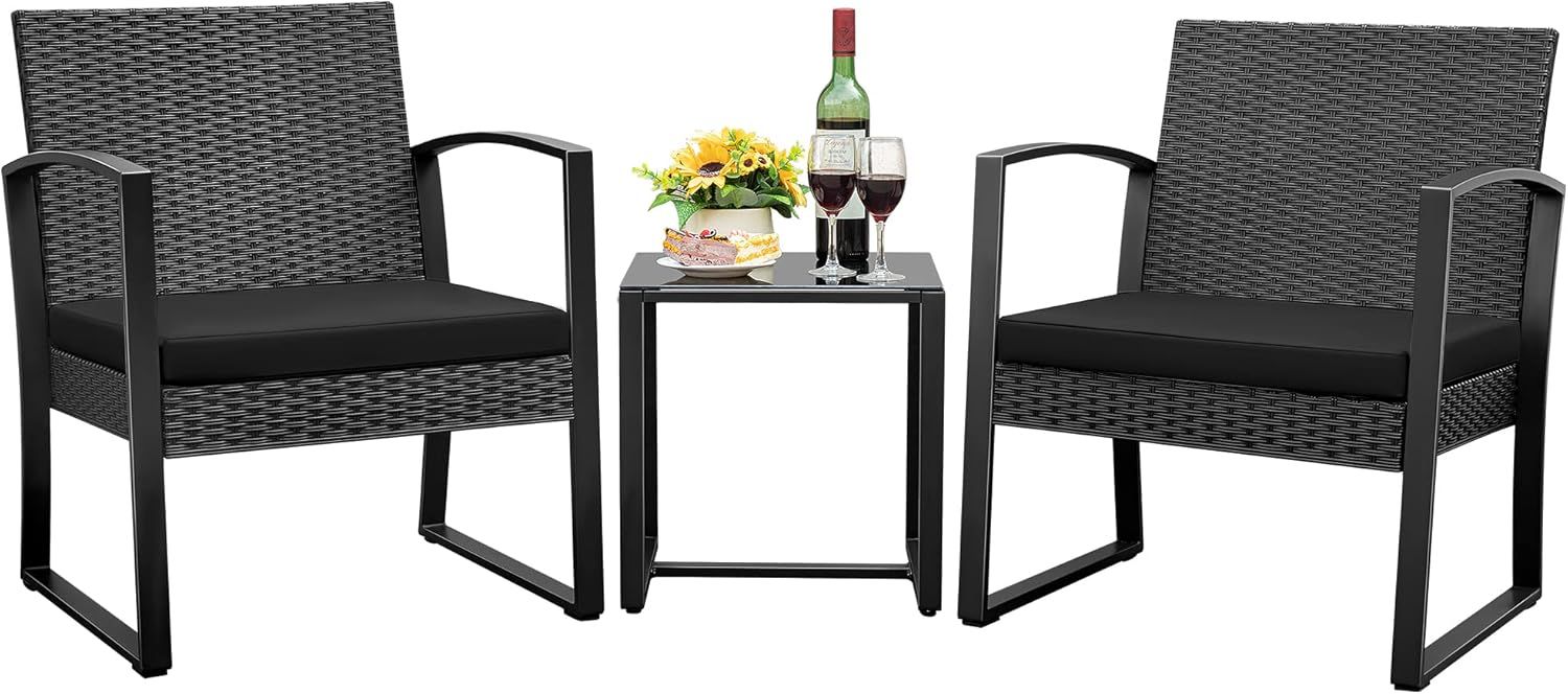 Black Wicker and Steel Outdoor Patio Set with Glass Table