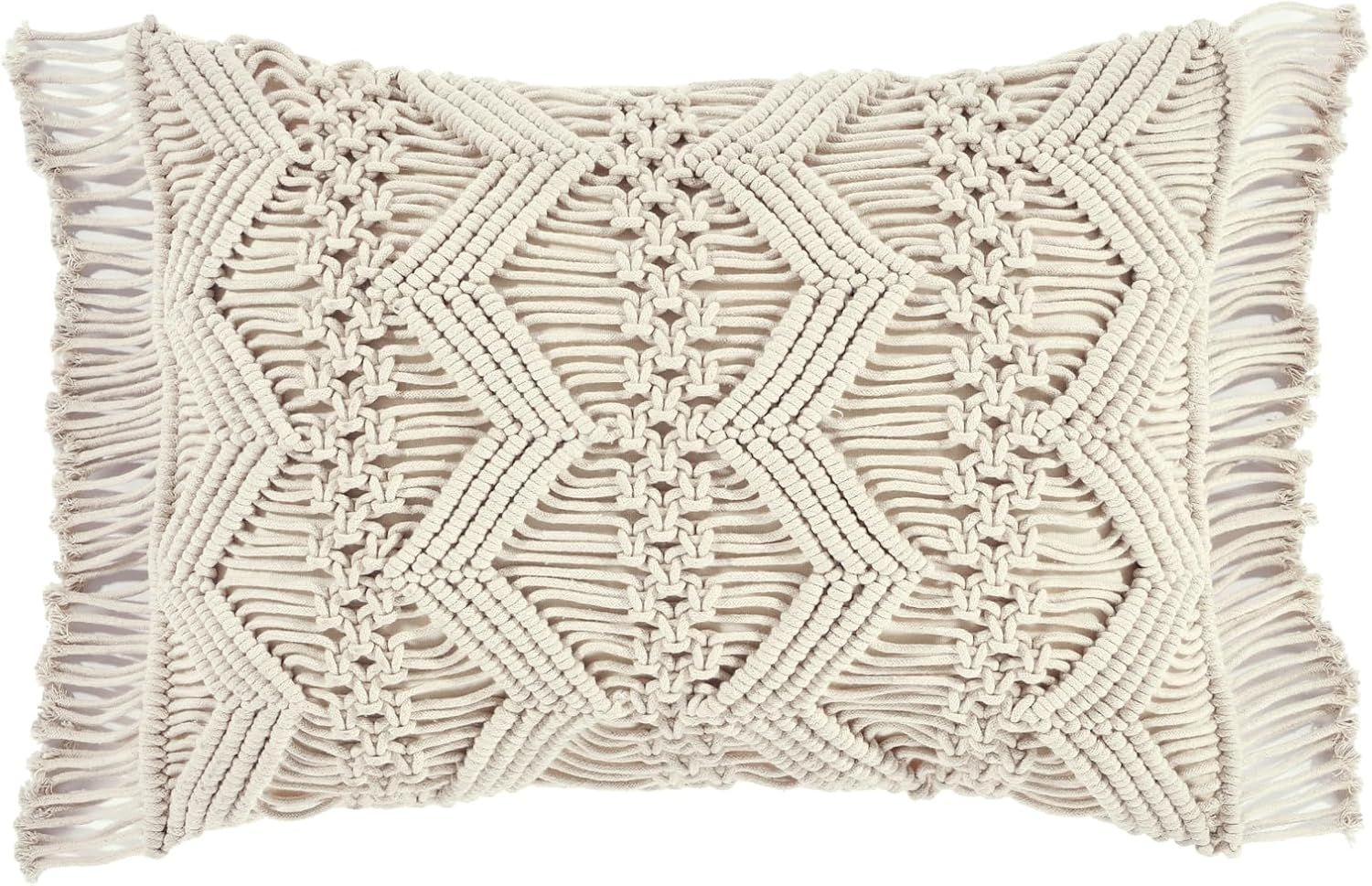 Neutral Cotton Macrame Chevron Fringe Throw Pillow