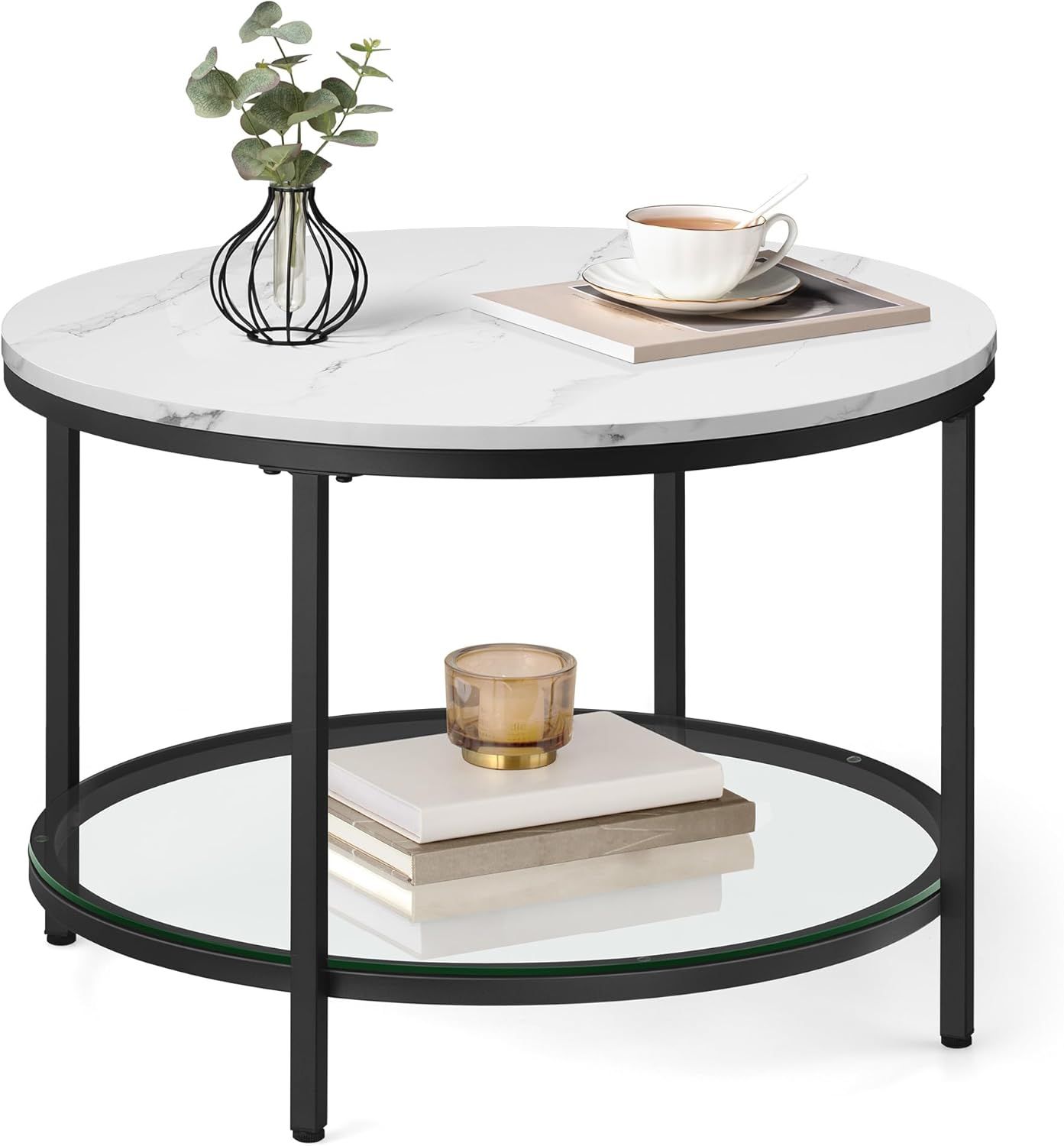 Round White Faux Marble and Glass Coffee Table with Black Steel Frame