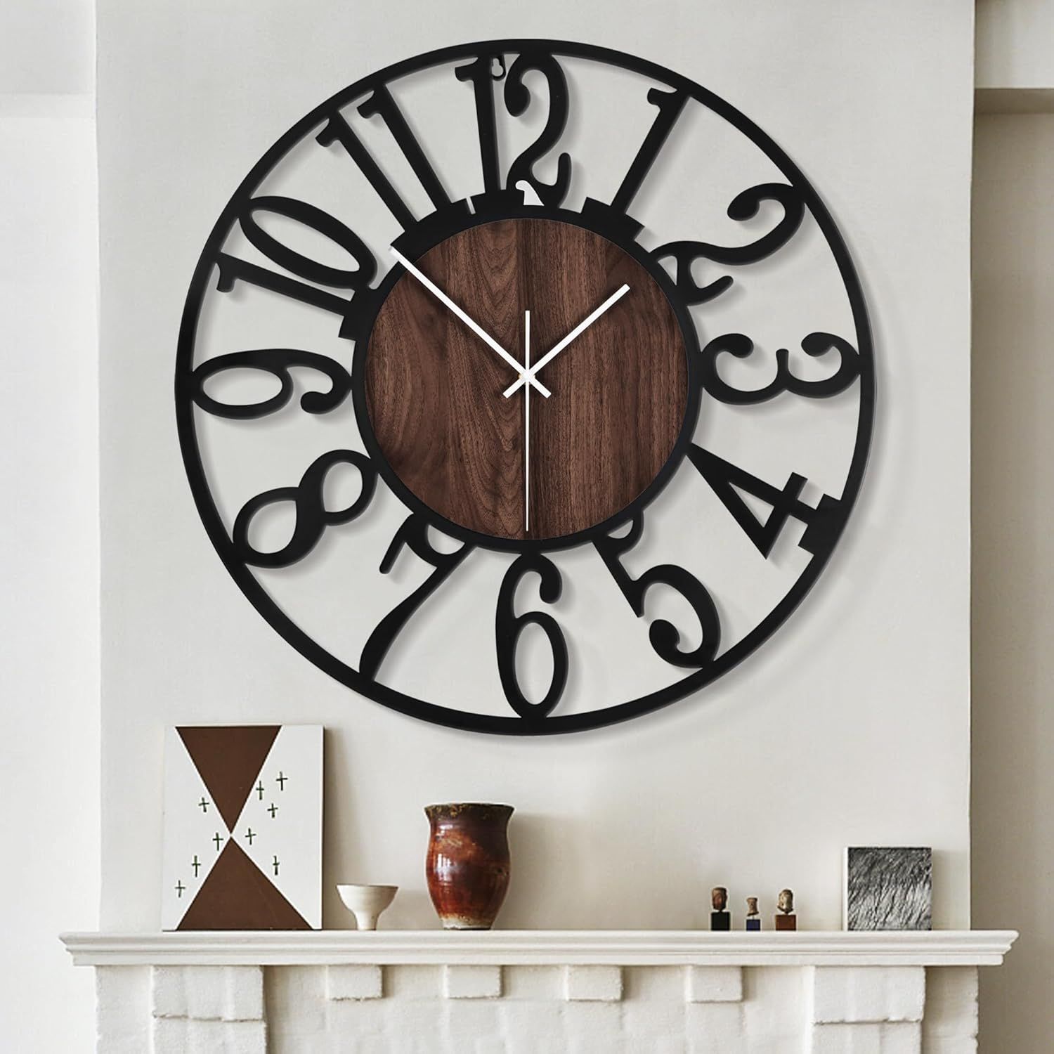 Oversized Black and Wood Silent Vintage Modern Wall Clock