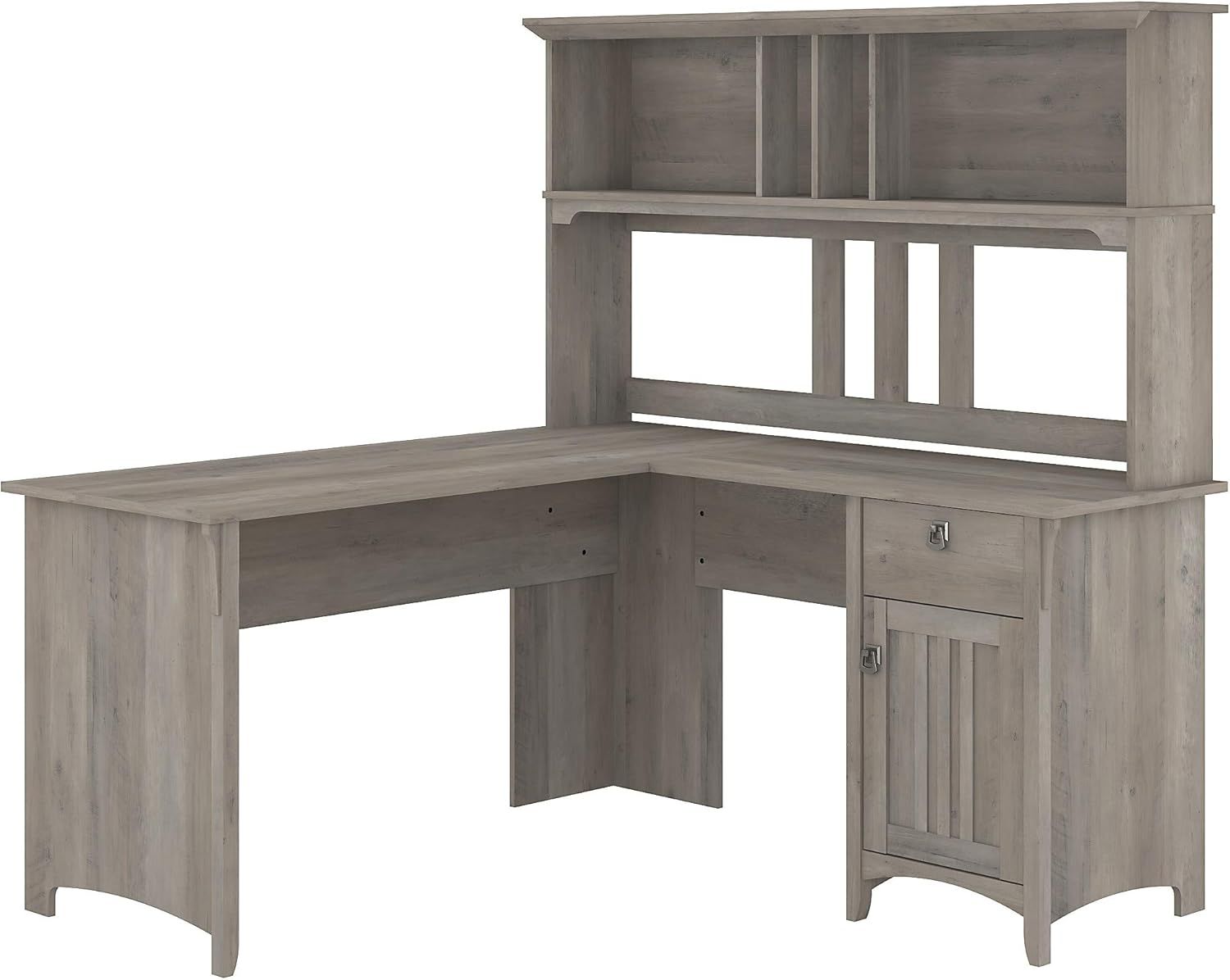 Driftwood Gray L-Shaped Desk with Hutch and Drawer for Home Office