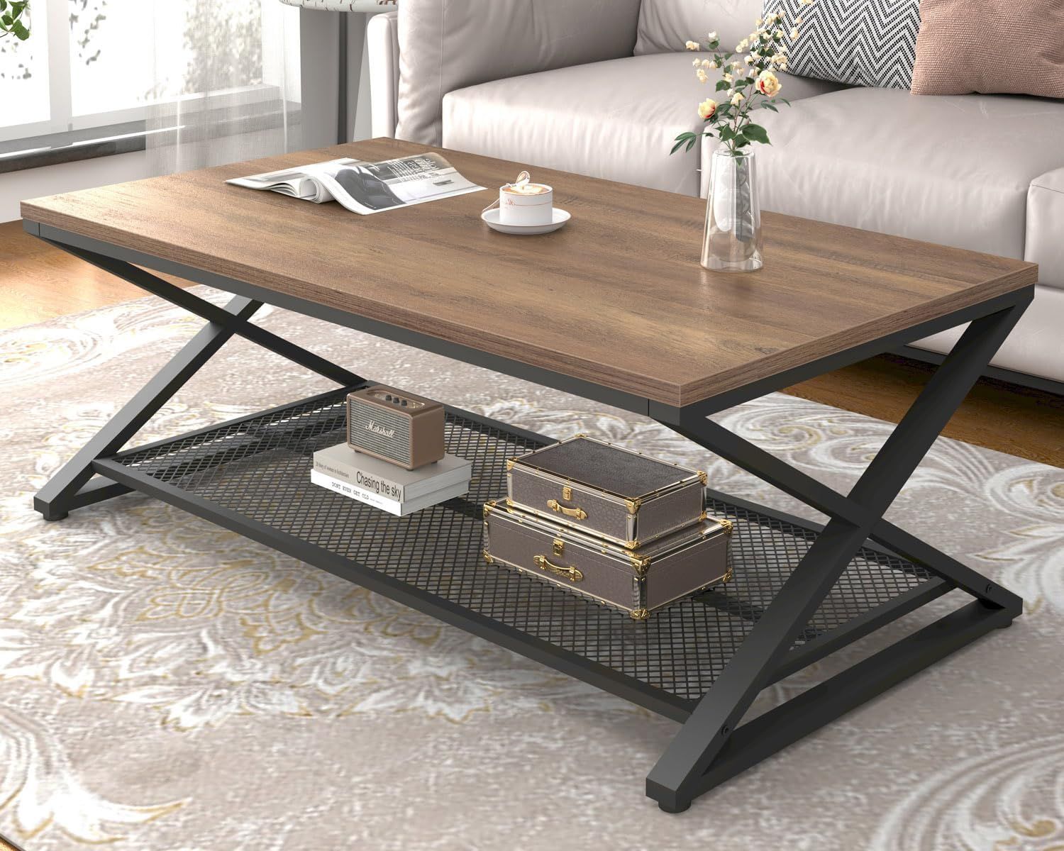 Rustic Oak and Black Metal 47" Coffee Table with Storage Shelf