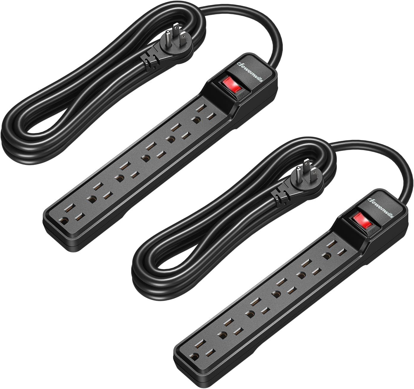 Black 15 ft 6-Outlet Power Strip Surge Protector, 2-Pack