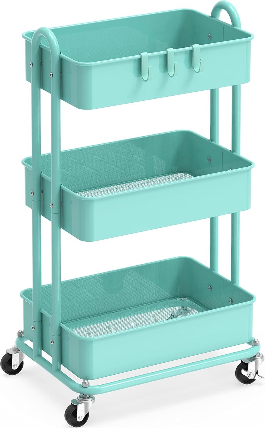 Turquoise Metal 3-Tier Utility Rolling Cart with Swivel Wheels