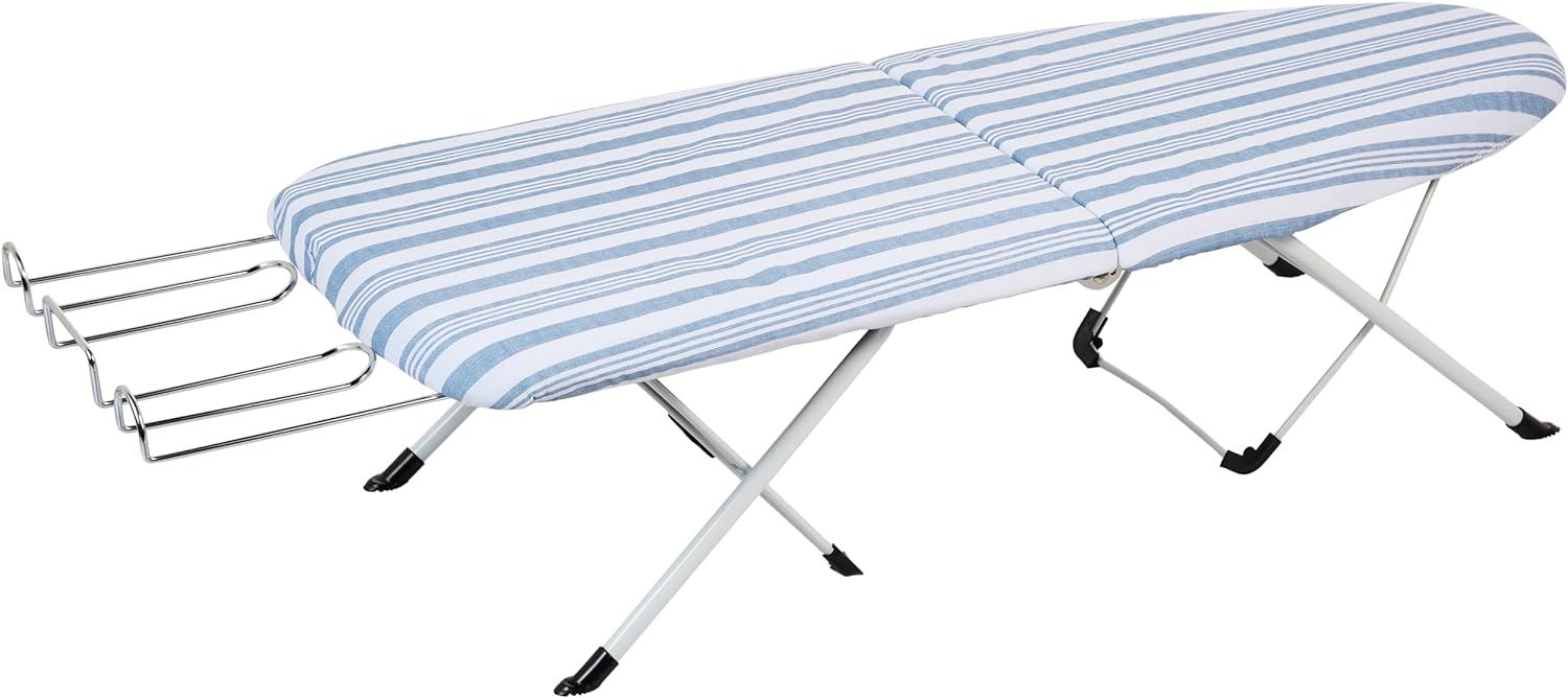 Foldable Blue Stripe Tabletop Ironing Board with Iron Rest