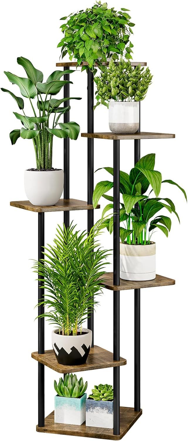 Black and Brown 6-Tier Metal and MDF Indoor Plant Stand