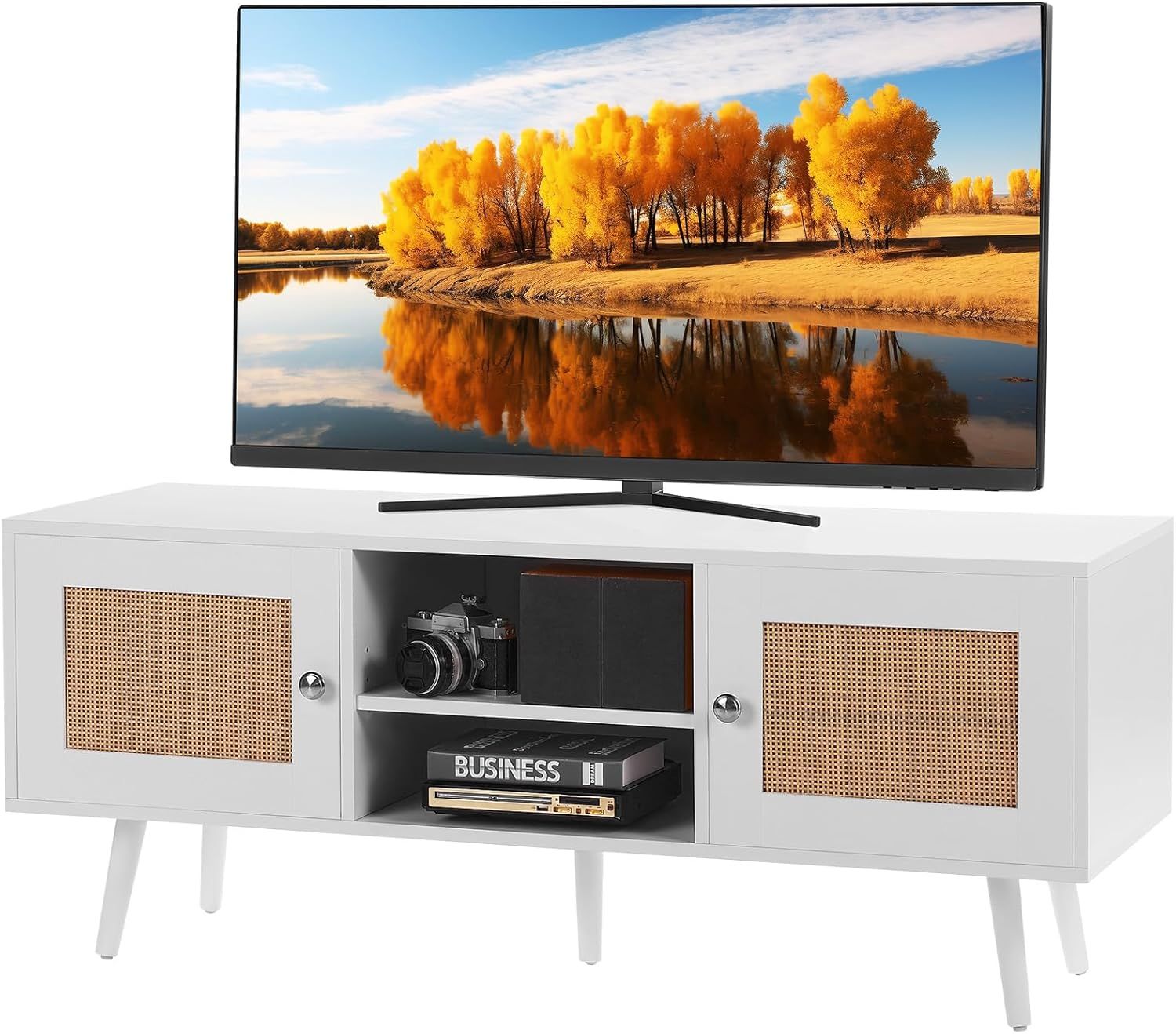 White Rattan Mid Century Modern TV Stand with Cabinet