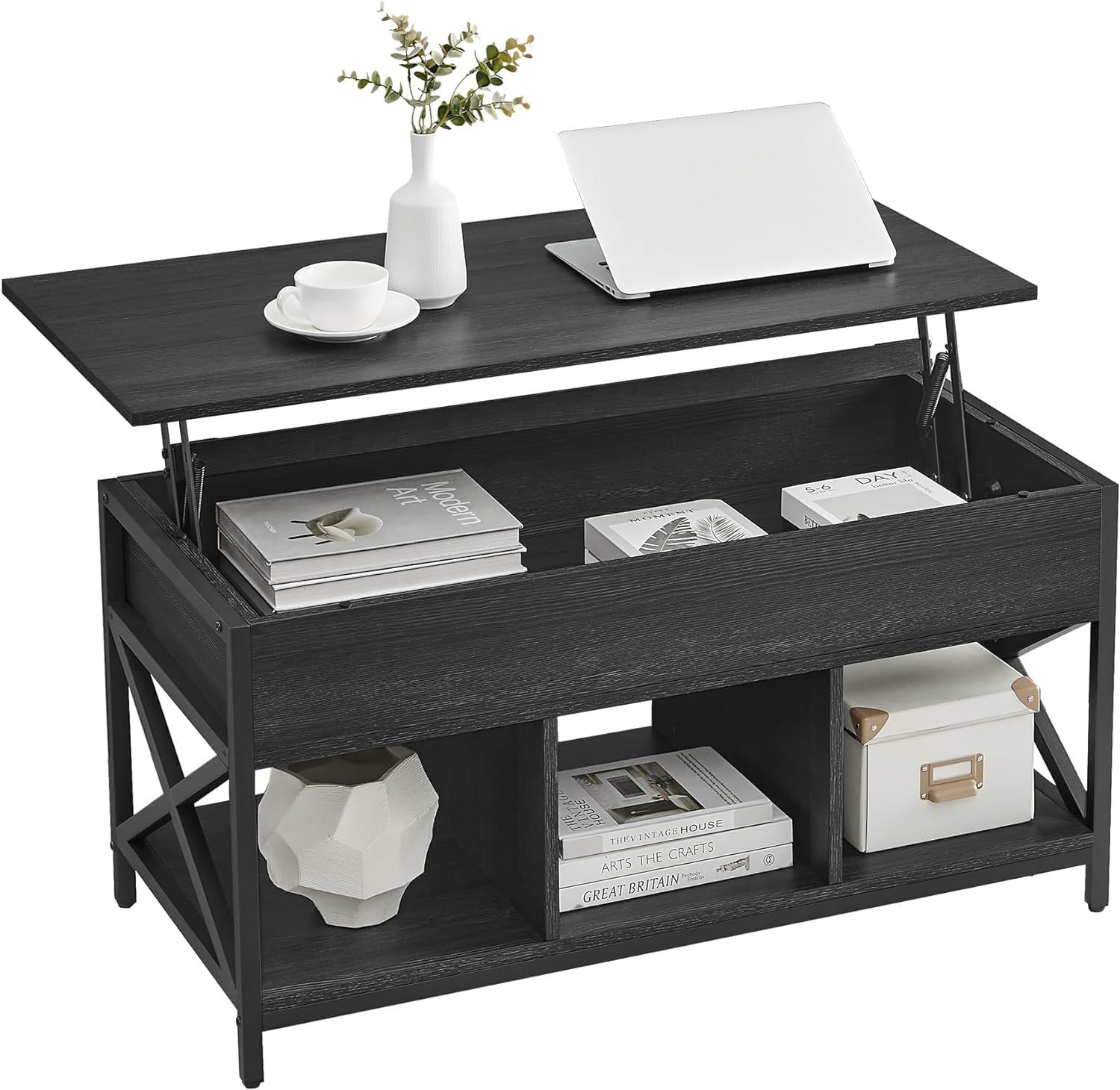 Black Wood Grain Lift-Top Coffee Table with Storage