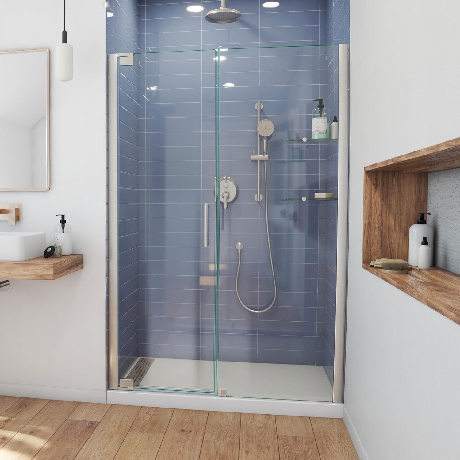 Elegance Frameless Pivot Shower Door with Clear Glass and Bronze Hardware