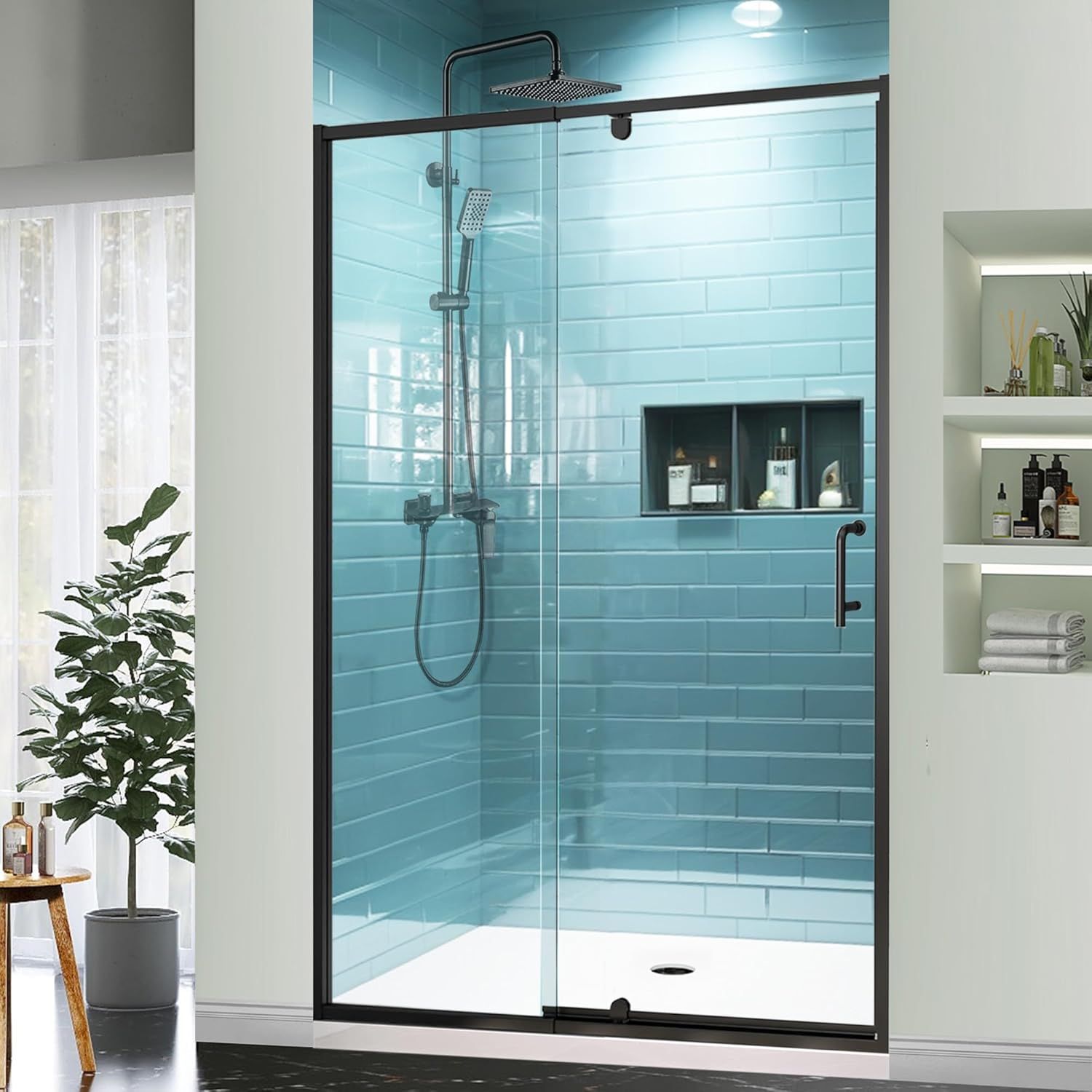 Matte Black Framed Sliding Shower Door with Clear Glass