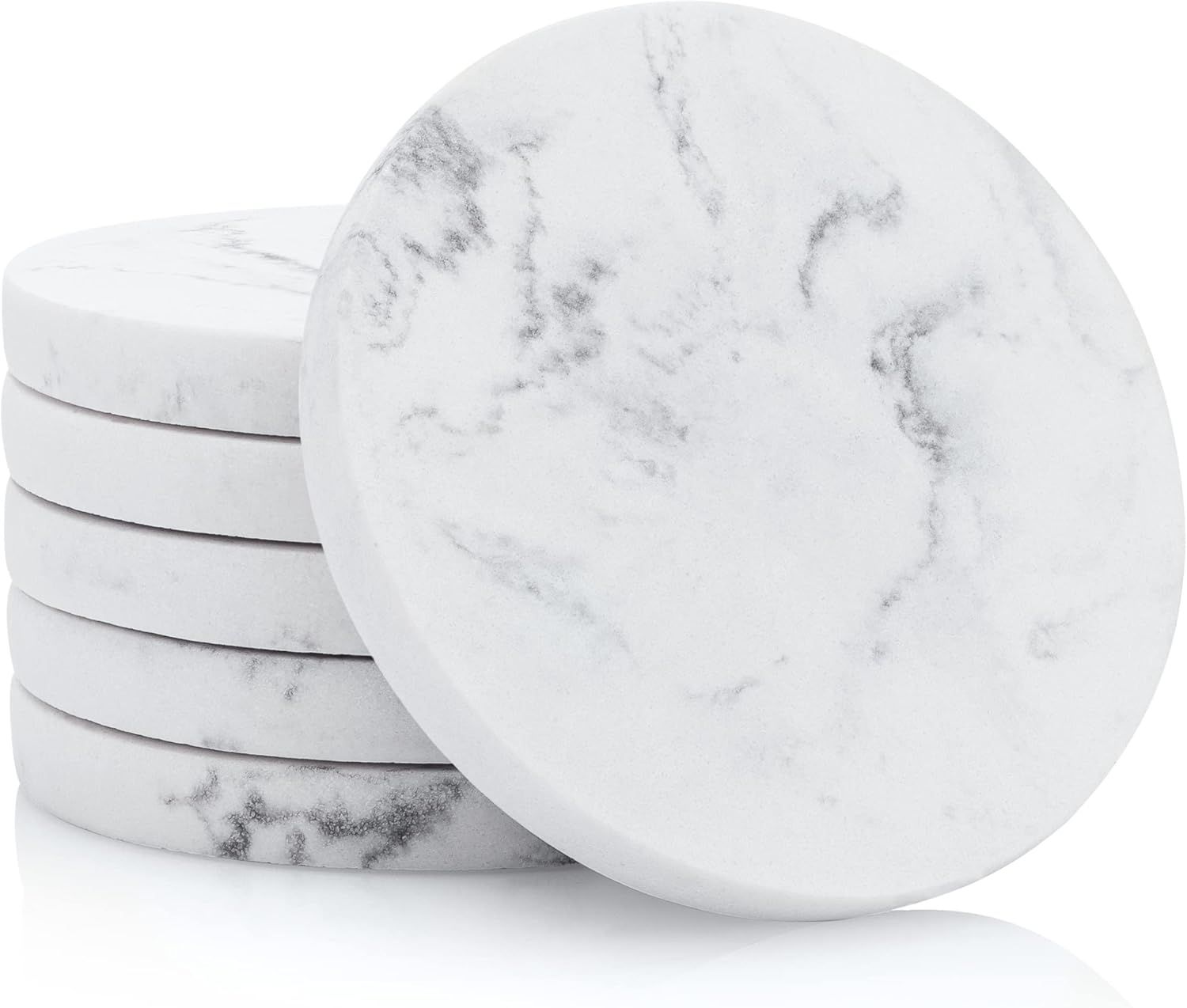 Set of 6 White and Gray Marble Coasters with Felt Bottom