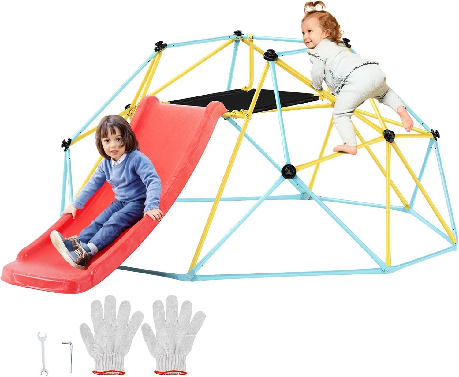 8FT Geometric Dome Climber with Red Slide and Steel Frame