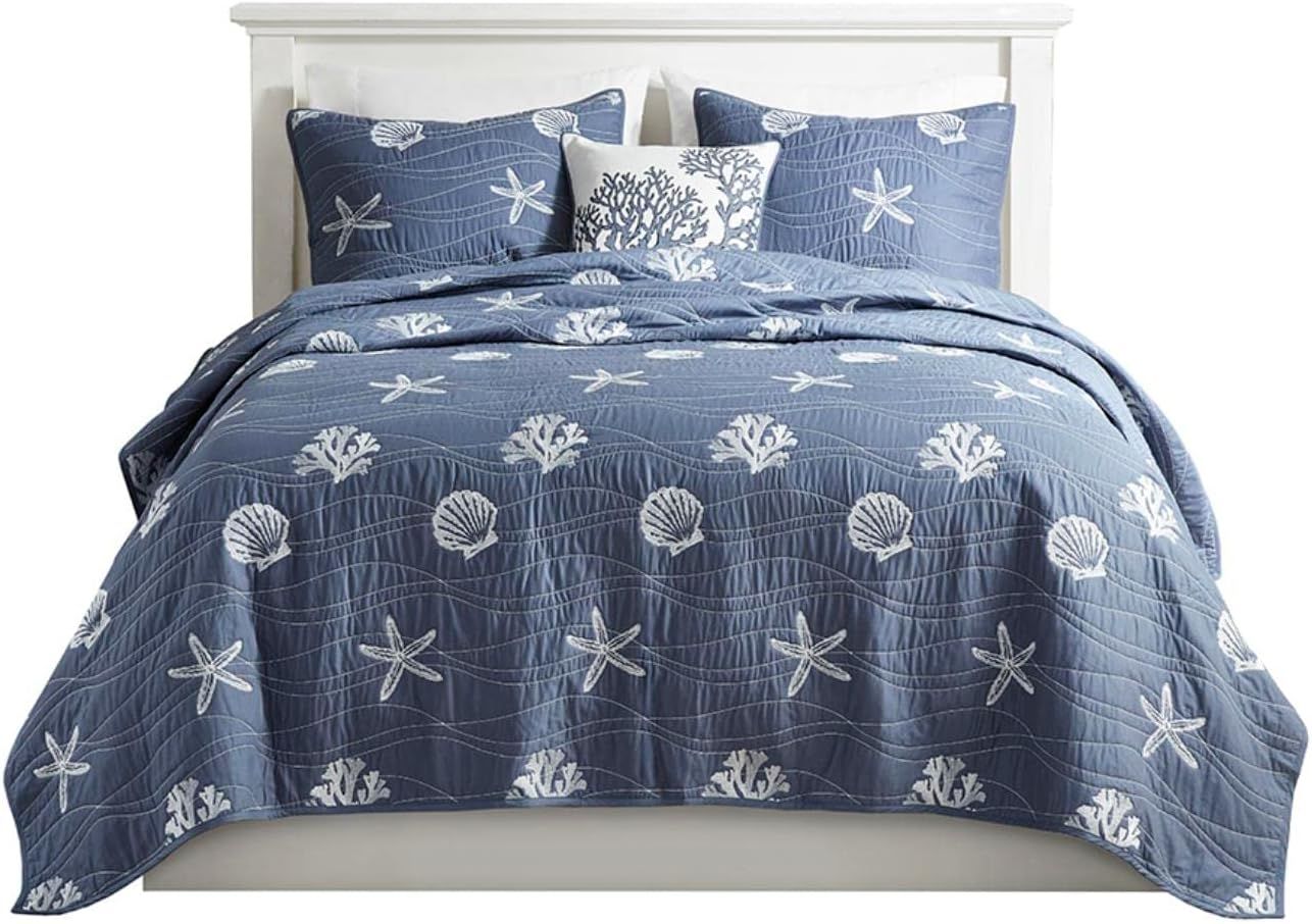 Navy Cotton Coastal Reversible Full Quilt Set