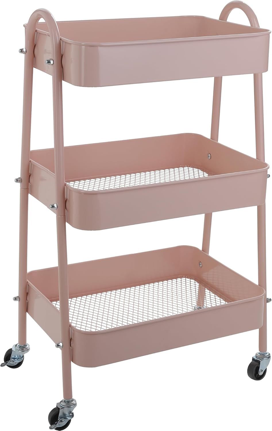 Pink 3-Tier Metal Rolling Utility Cart with Mesh Baskets