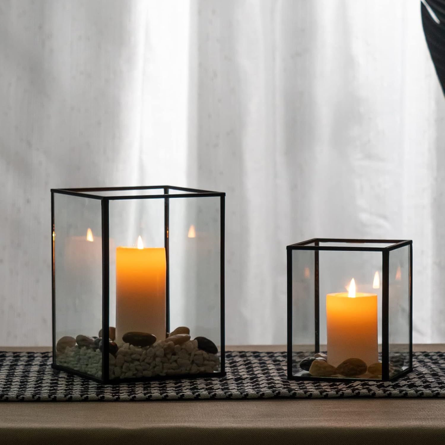 Black Metal and Glass Hurricane Candle Holder Set