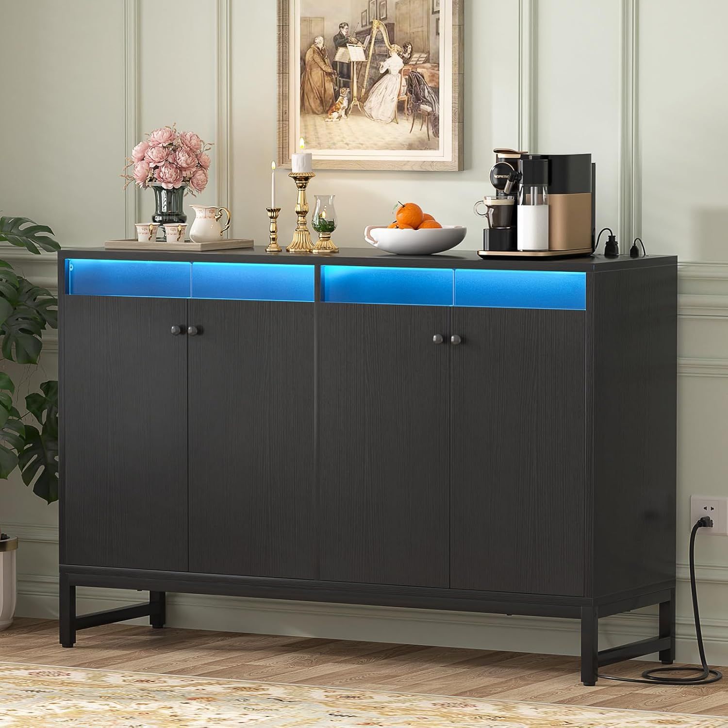 Black MDF Sideboard Buffet Cabinet with LED Light and Power Outlet