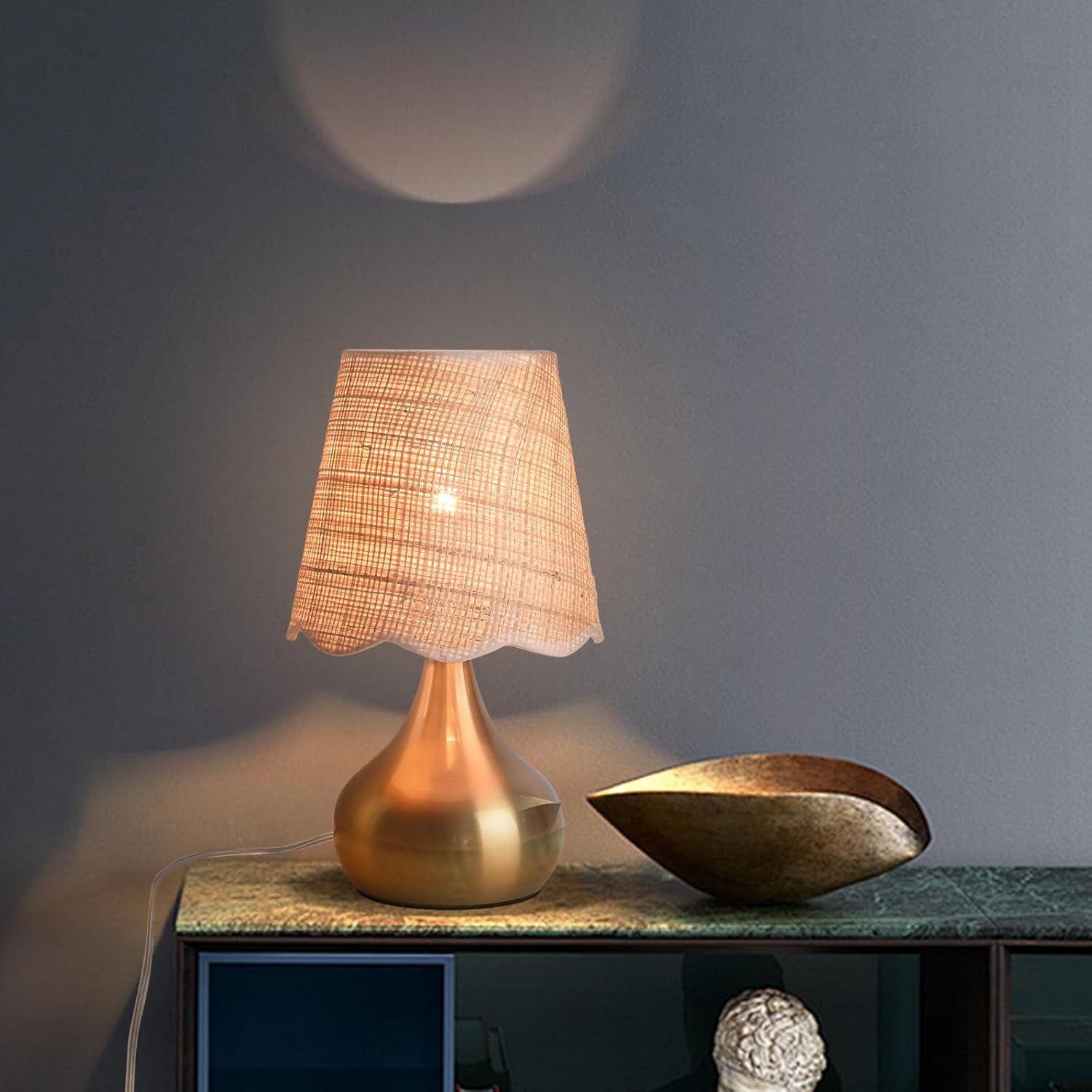 Gold Brass Table Lamp with Scalloped Rattan Shade