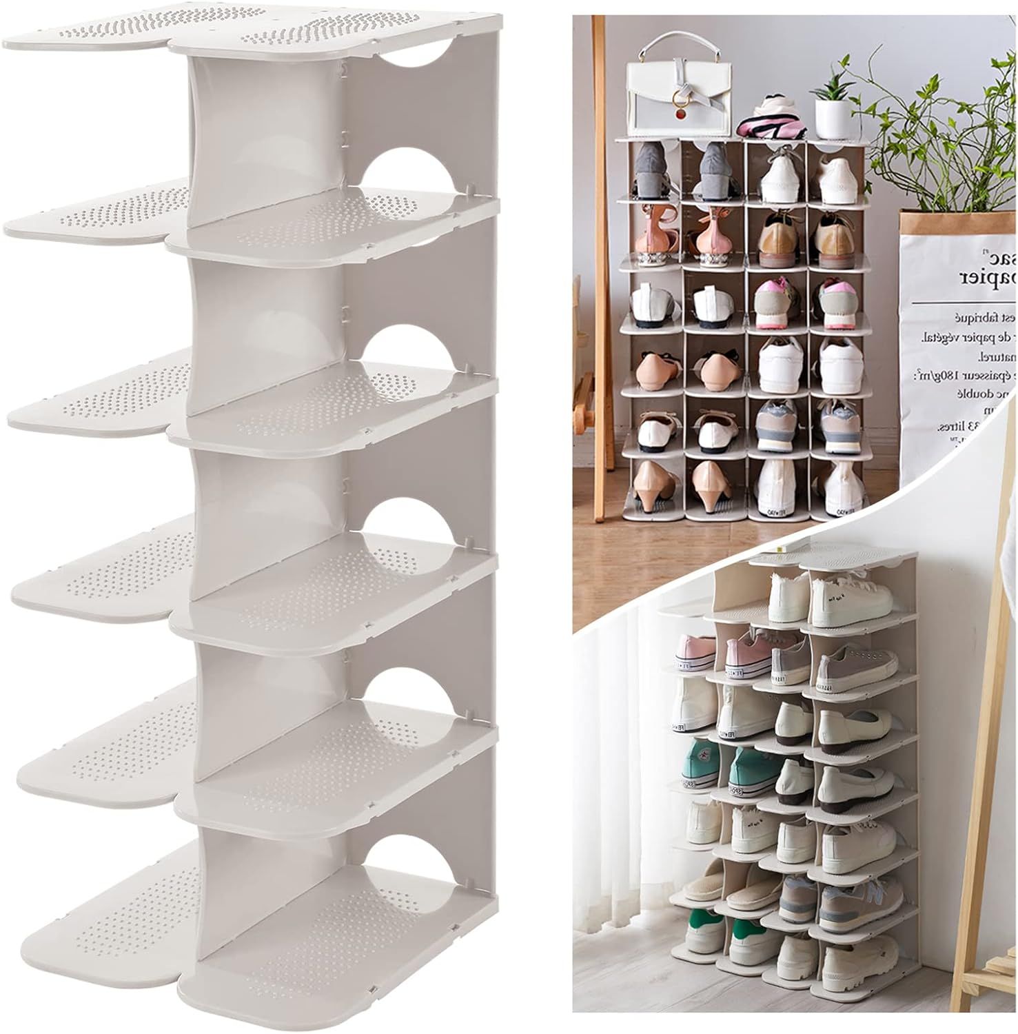 6-Tier White Plastic Stackable Corner Shoe Shelf