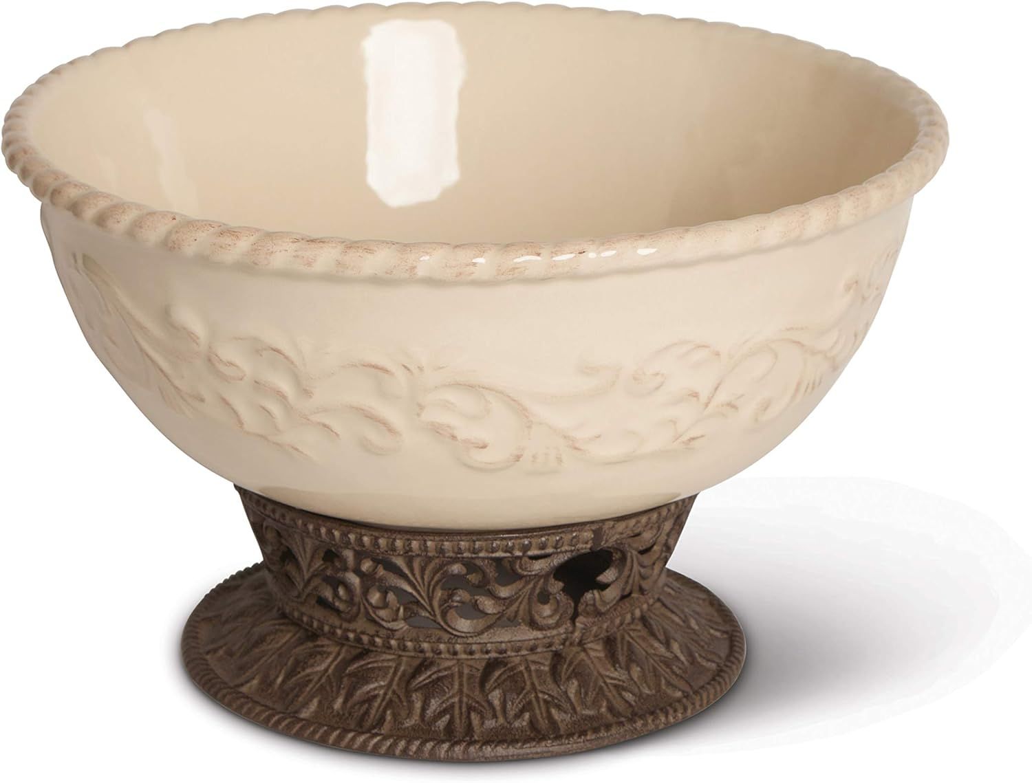 Cream Ceramic 12-Inch Bowl with Acanthus Leaf Metal Base