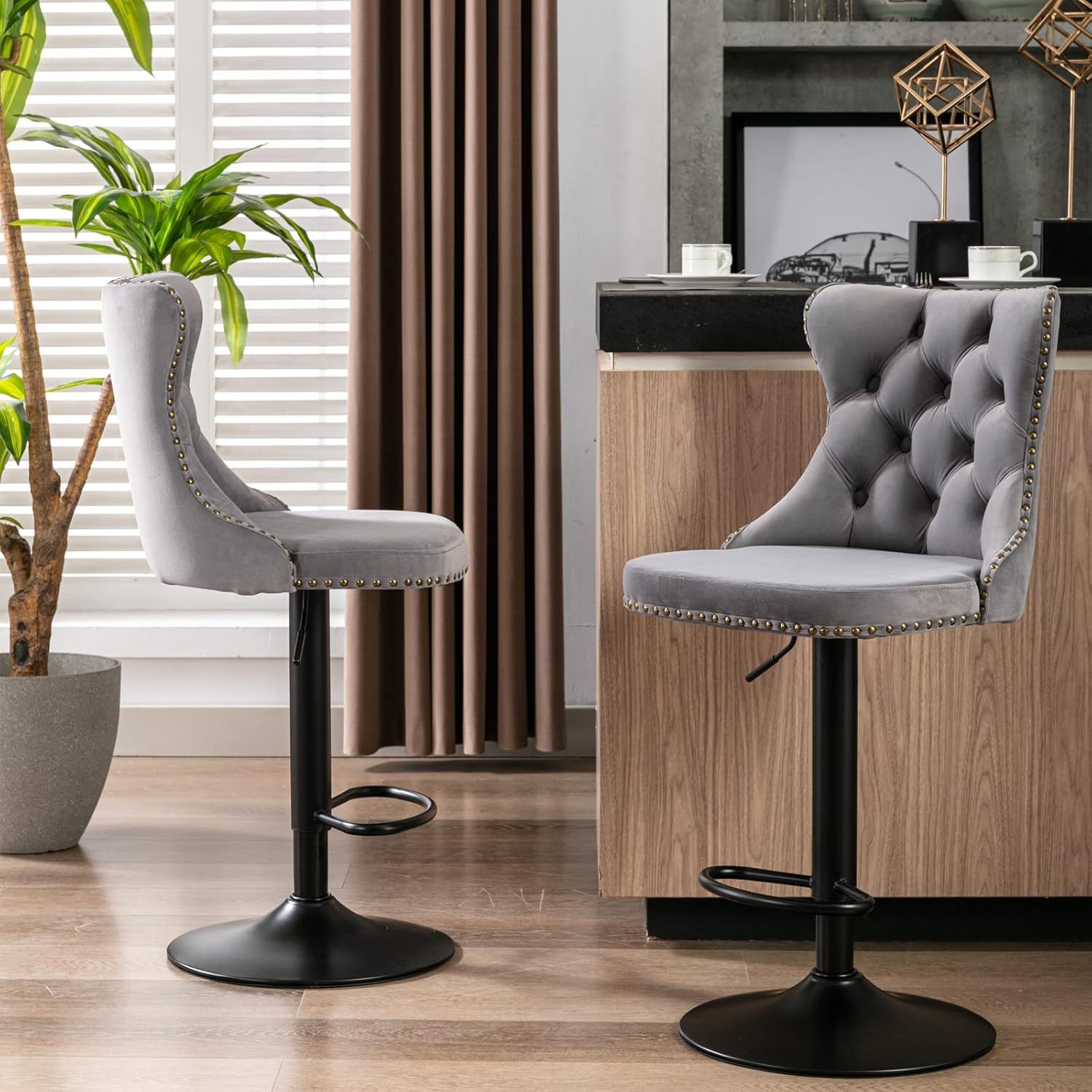 Gray Velvet Adjustable Swivel Bar Stools with Nailhead Trim