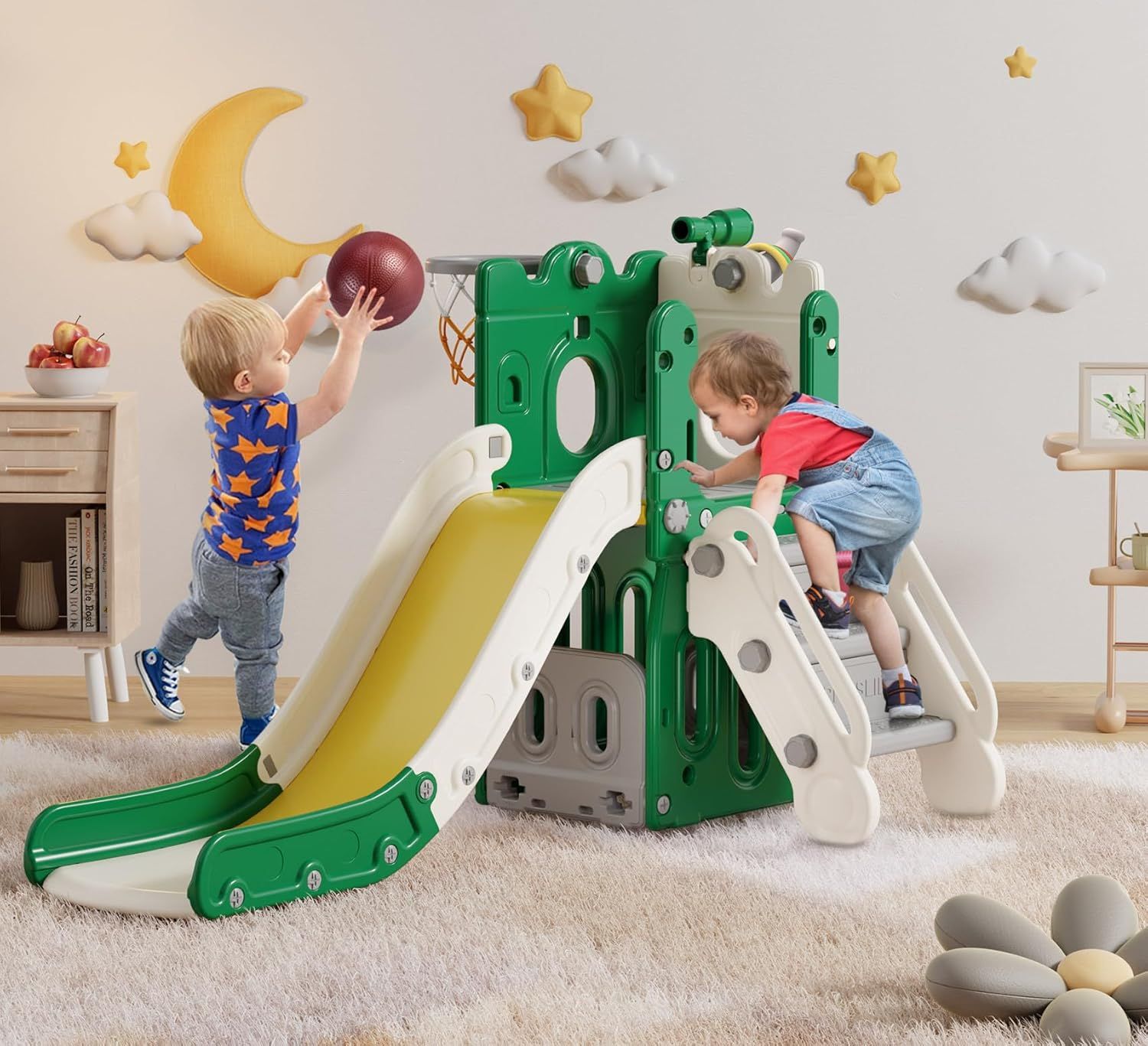 Green and Yellow L-Shaped 7-in-1 Toddler Slide with Basketball Hoop