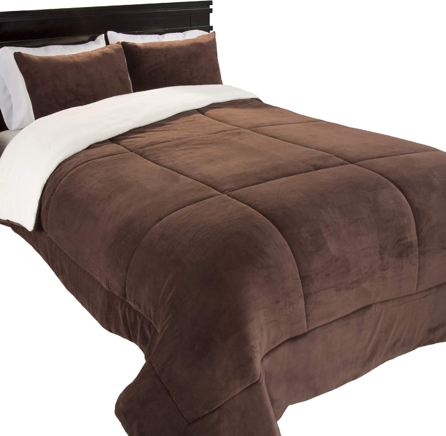 King Size Chocolate Fleece and Sherpa Reversible Comforter Set