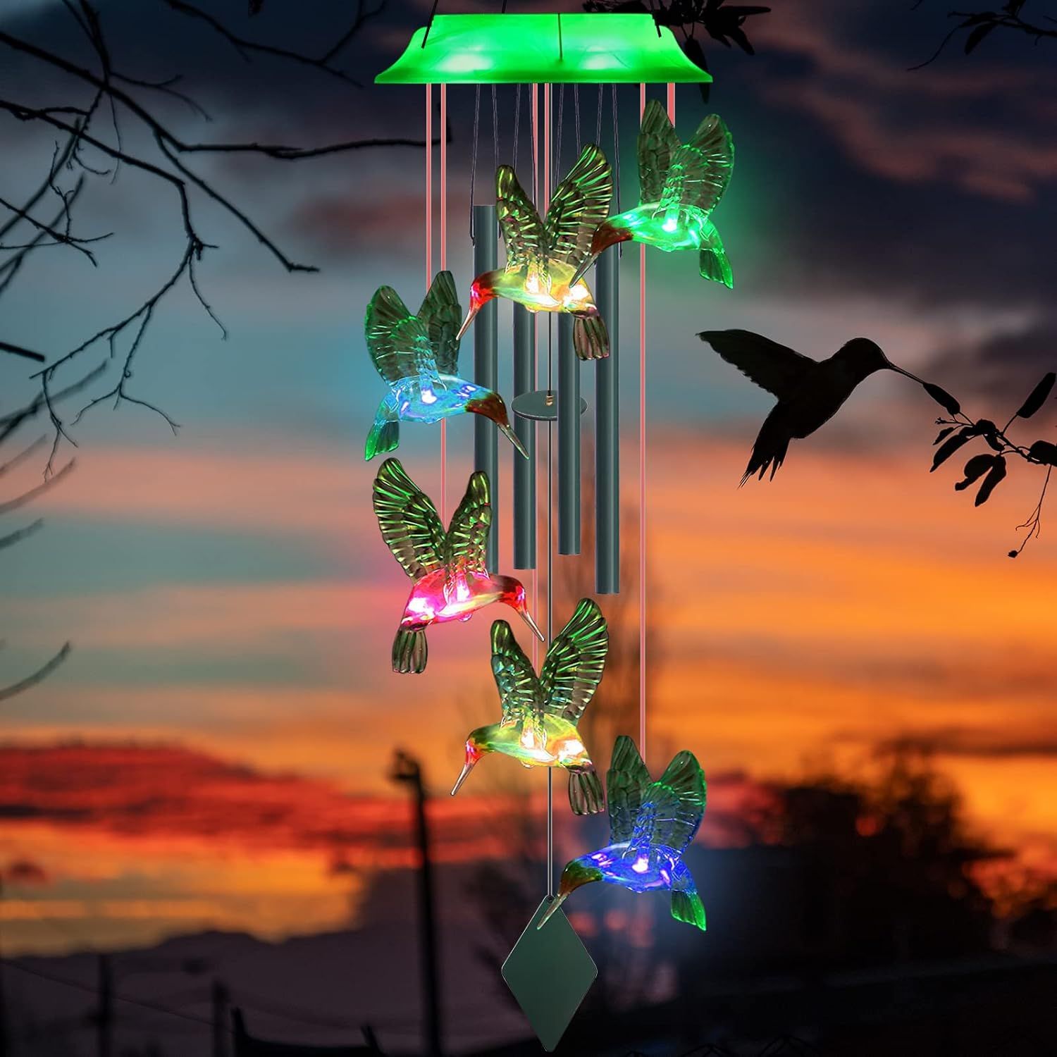 37" Color Changing LED Hummingbird Solar Wind Chime with Green Metal Tubes