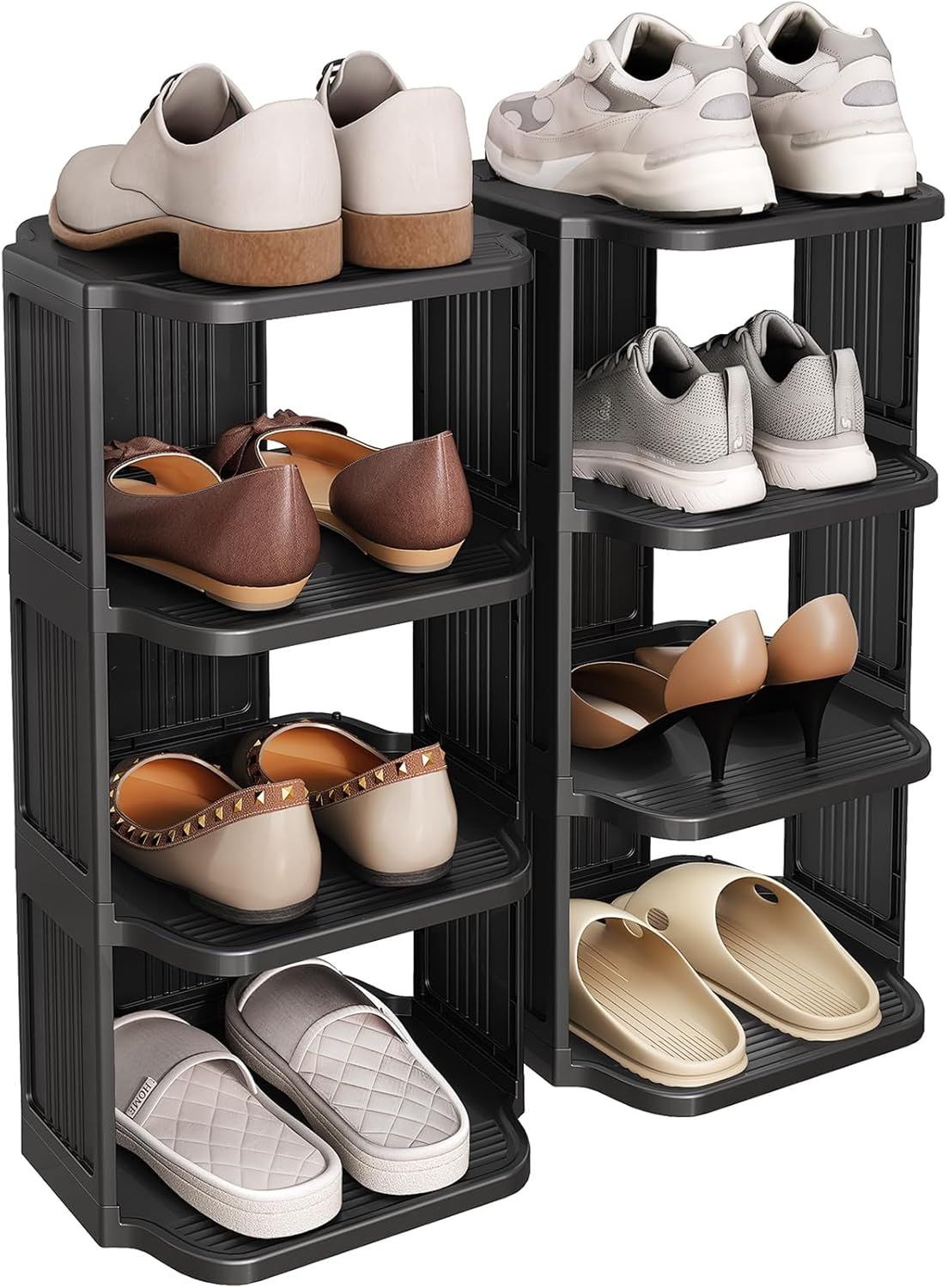 Black 8-Tier Stackable Metal and Fabric Shoe Rack