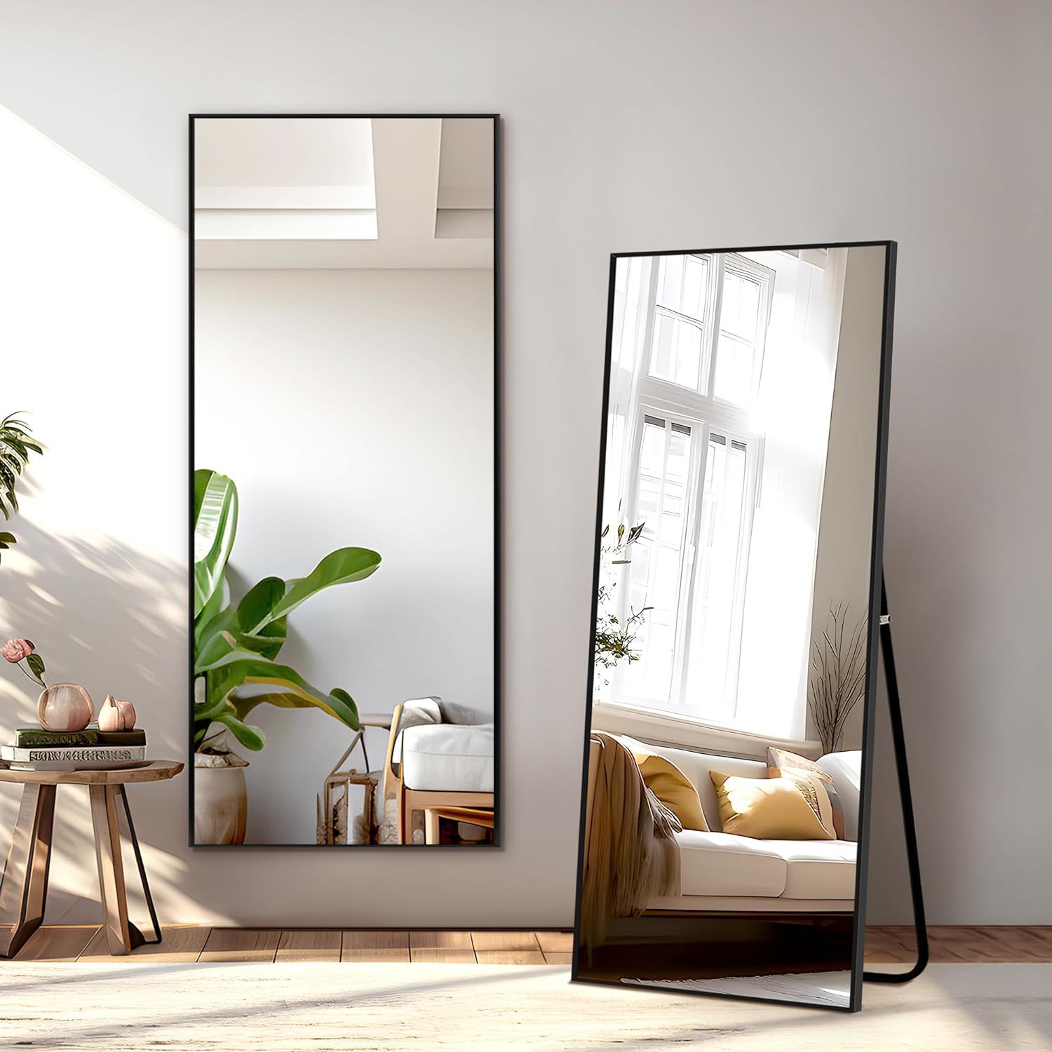 Black Aluminum Full Length Rectangular Mirror with Stand