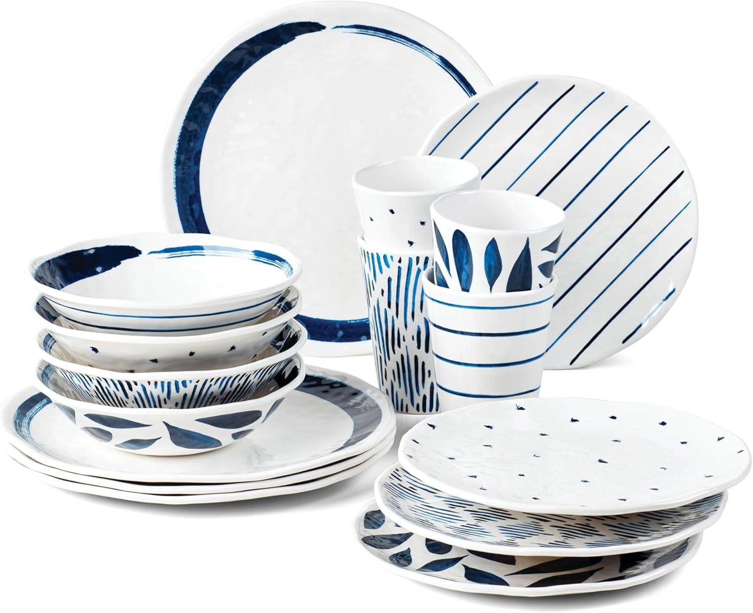 Blue and White Melamine 16-Piece Dinnerware Set