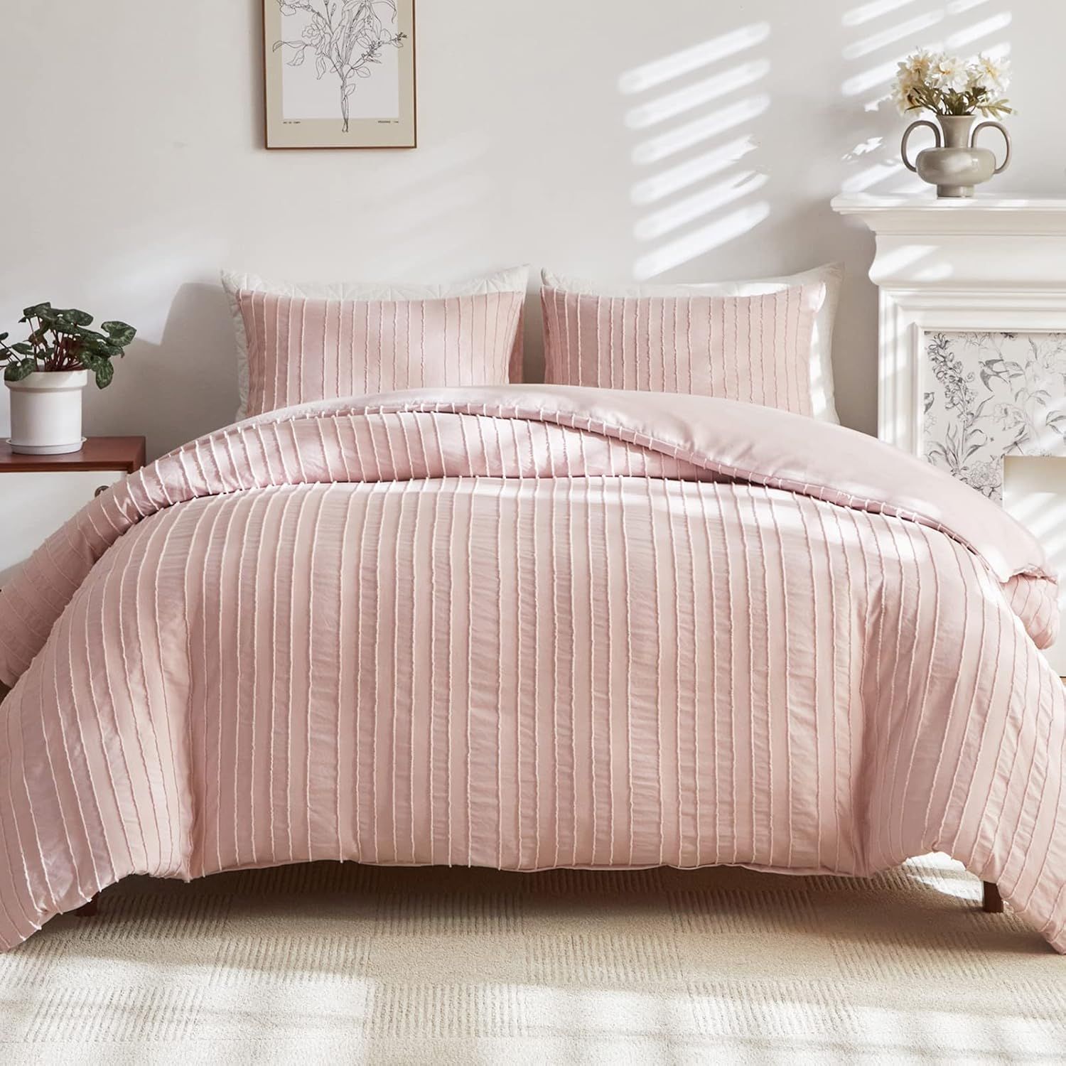 Pink Tufted Microfiber King Duvet Cover Set