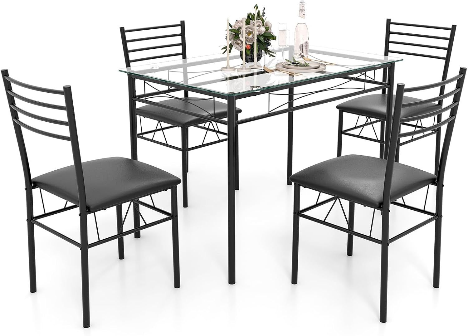 Modern Black Metal and Glass 5-Piece Dining Set