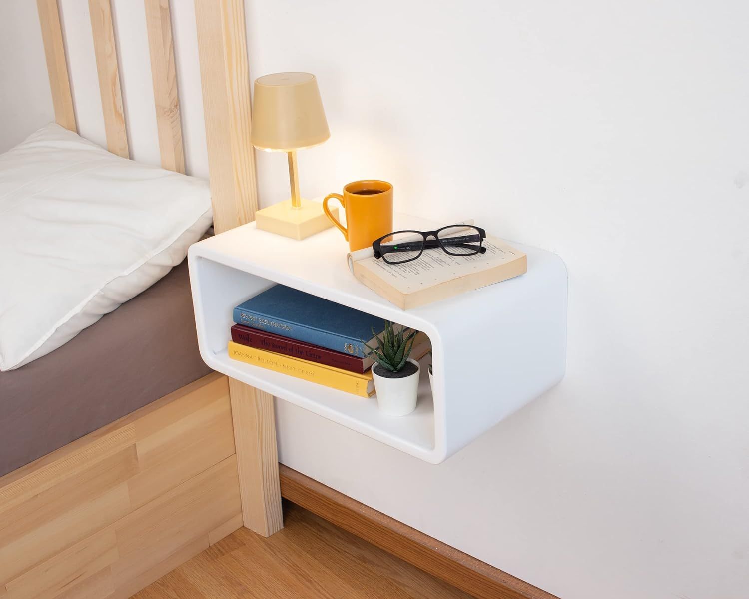 White Spruce Wood Floating Nightstand with Open Shelf