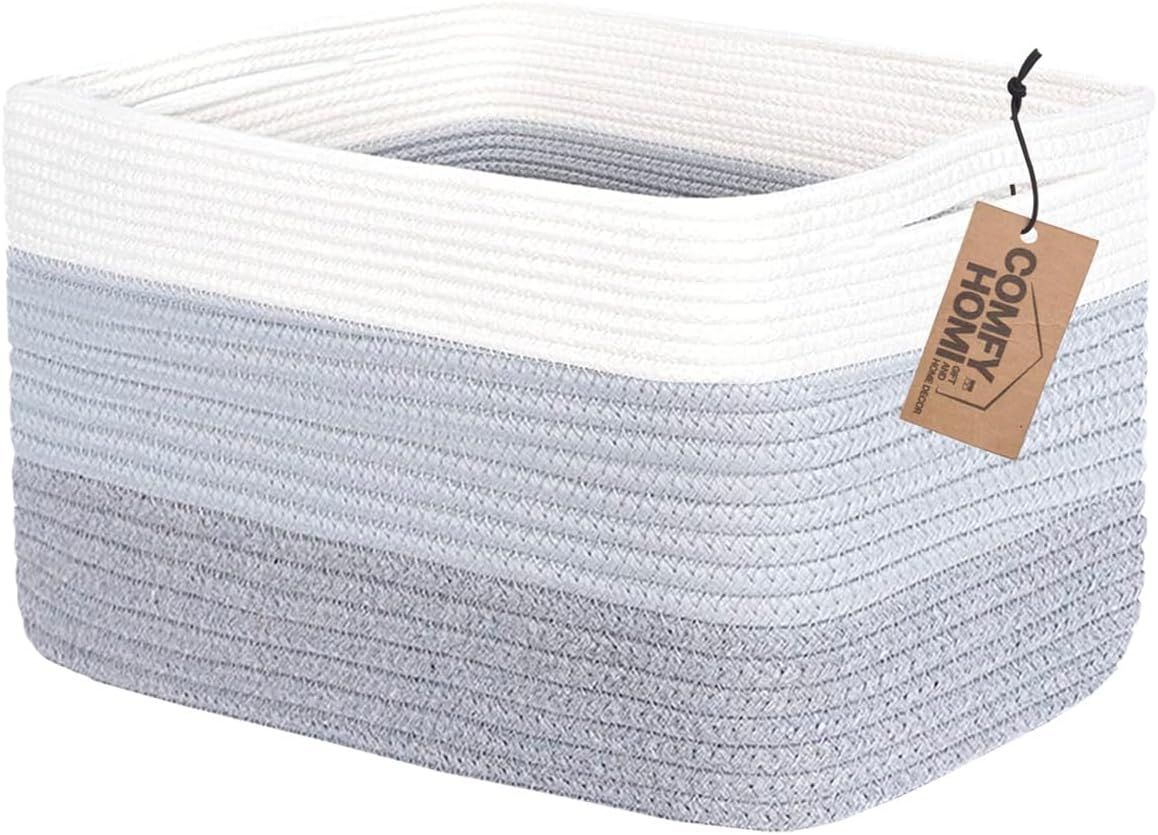 White and Gray Cotton Rope Rectangular Storage Basket