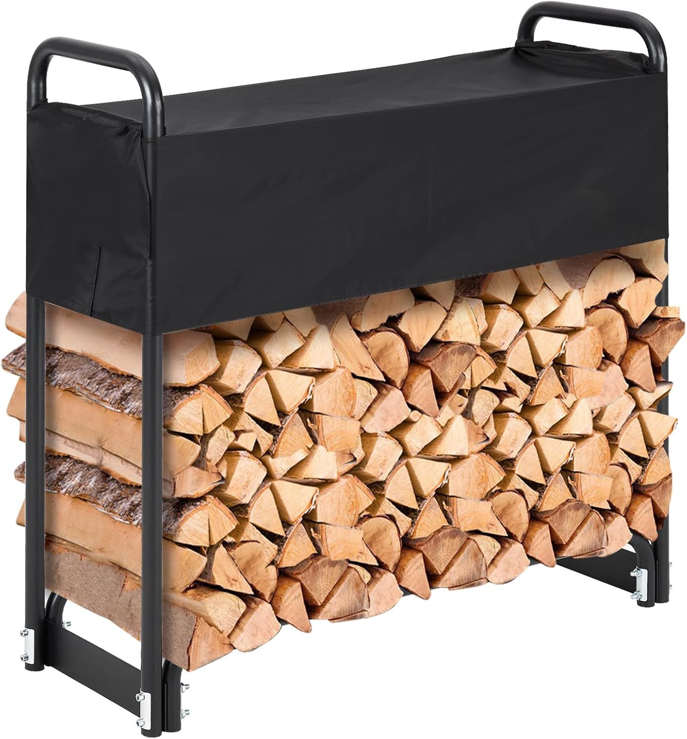 4ft Black Steel Firewood Rack with Weather-Resistant Cover